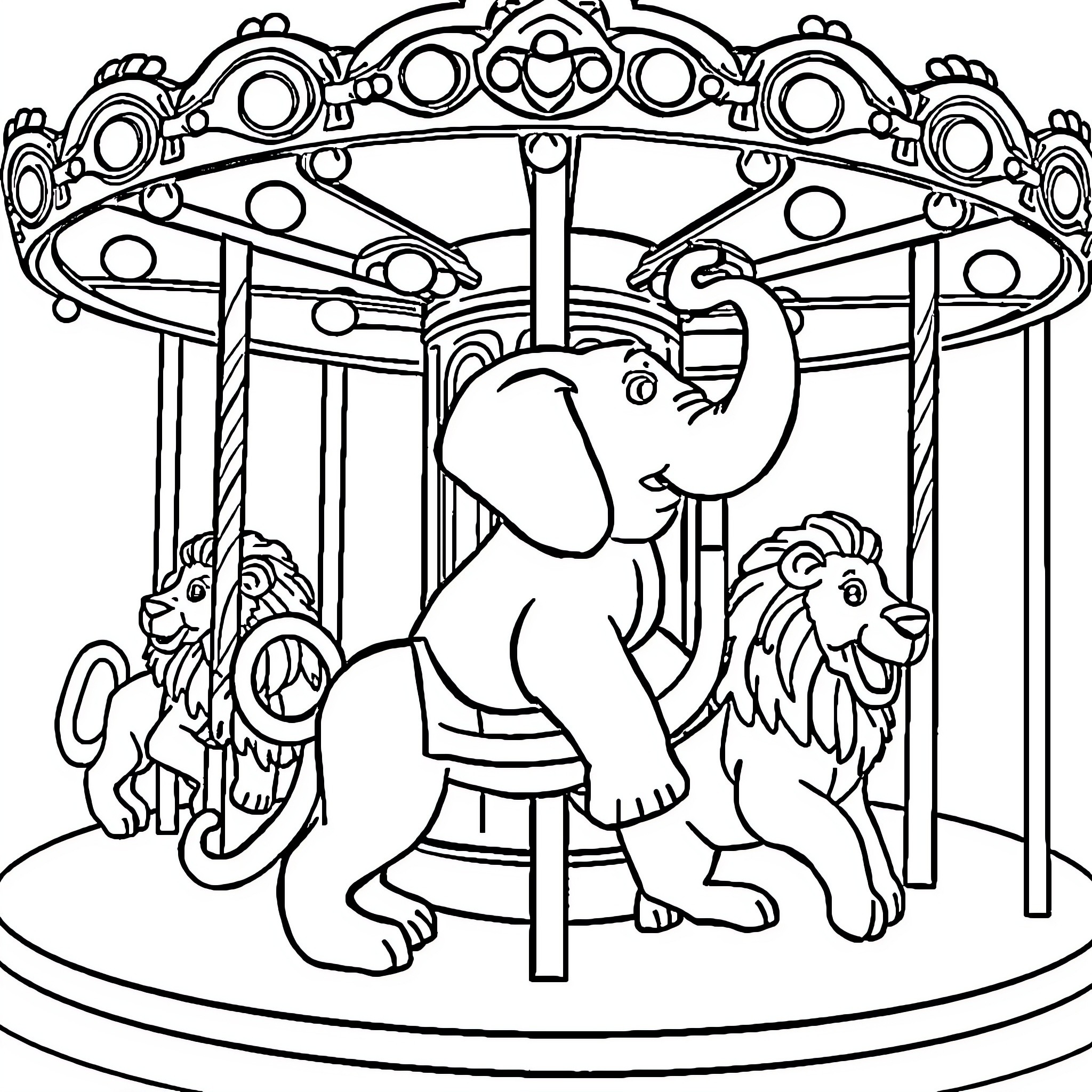 Elephant enjoying a carousel ride with animal friends Coloring Page (free black-and-white line drawing printable PDF for all, from beginners to advanced learners, including children, teens, adults, and seniors)