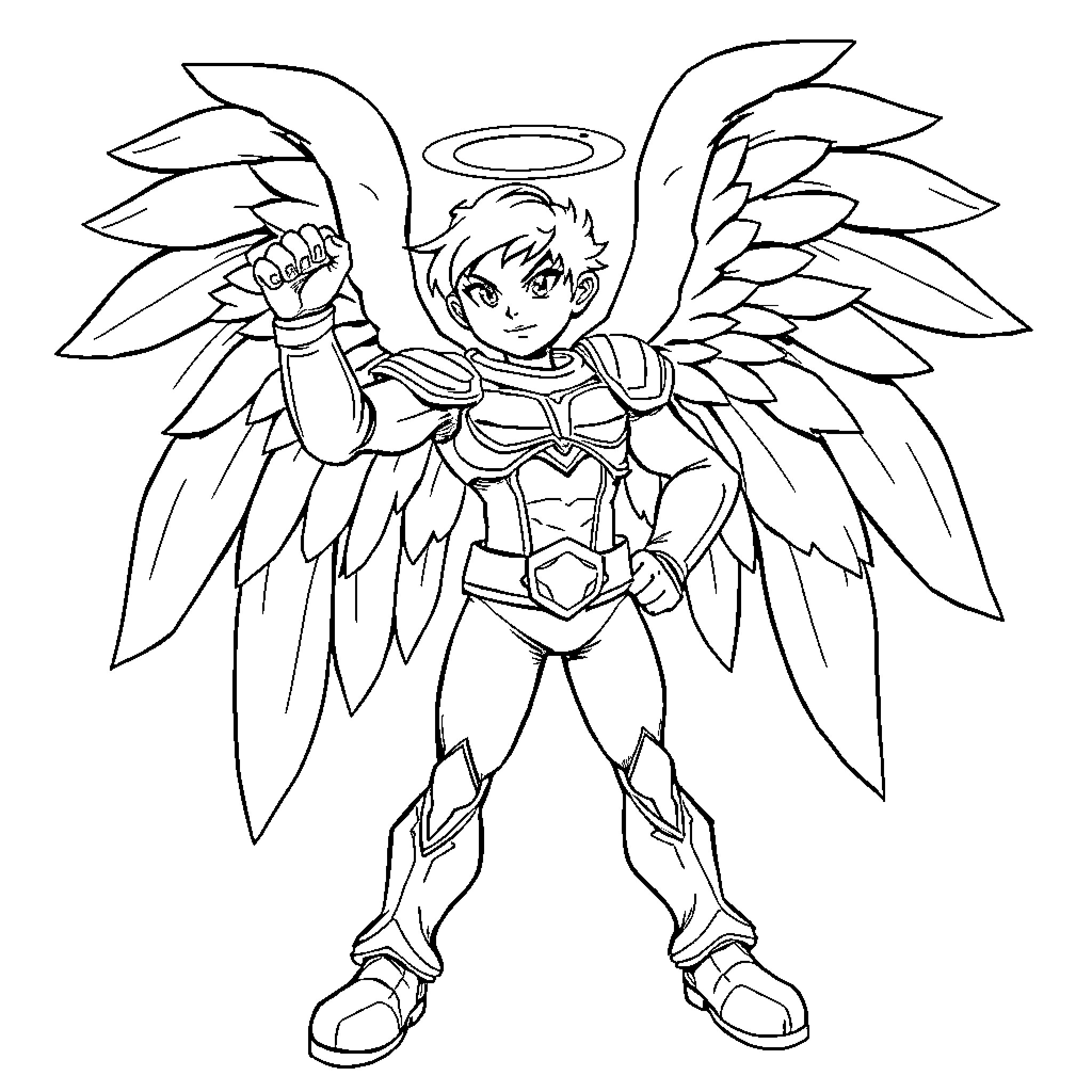 Spawn of Angelic Warrior in Action Pose Coloring Page (free black-and-white line drawing printable PDF for all, from beginners to advanced learners, including children, teens, adults, and seniors)