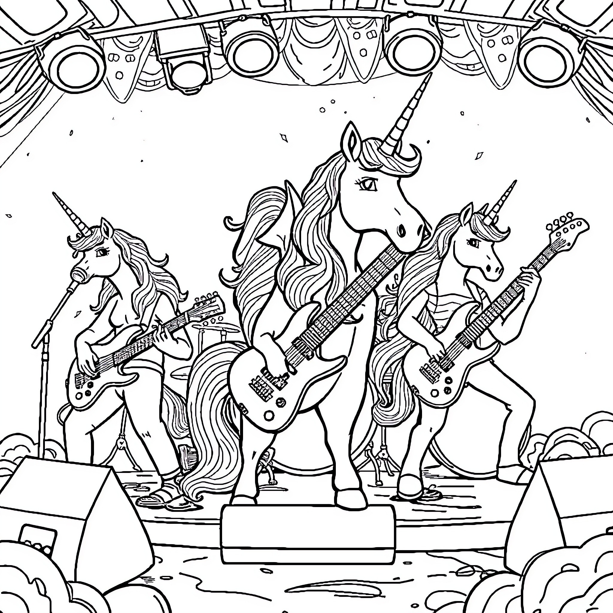 Unicorn rock band performing on stage Coloring Page (free black-and-white line drawing printable PDF for all, from beginners to advanced learners, including children, teens, adults, and seniors)