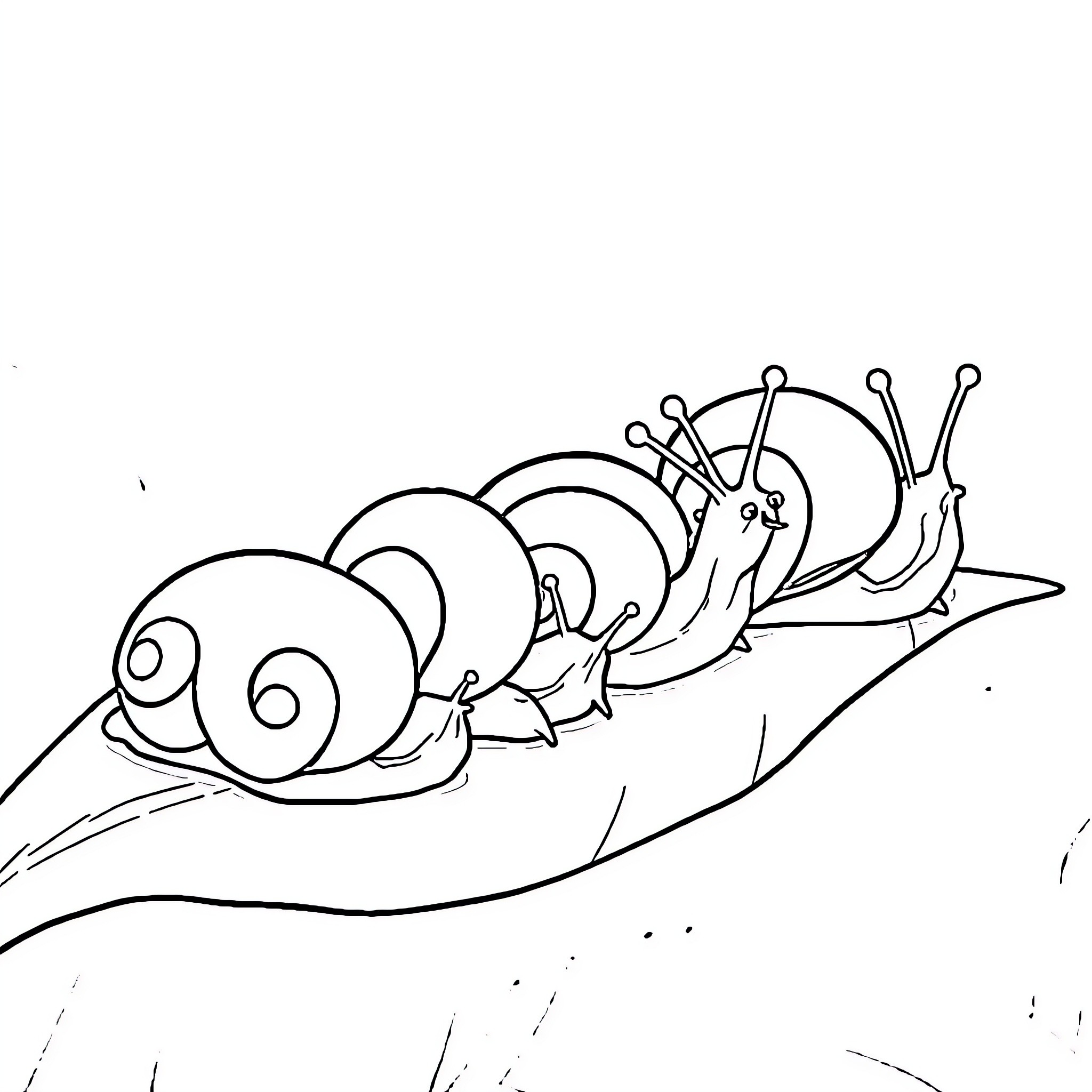 Snail crawling happily on a leaf Coloring Page (free black-and-white line drawing printable PDF for all, from beginners to advanced learners, including children, teens, adults, and seniors)