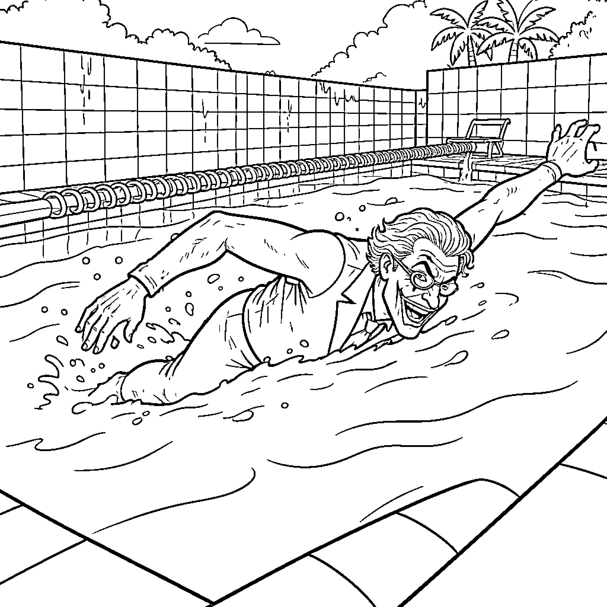 Joker swimming vigorously in a large pool Coloring Page (free black-and-white line drawing printable PDF for all, from beginners to advanced learners, including children, teens, adults, and seniors)