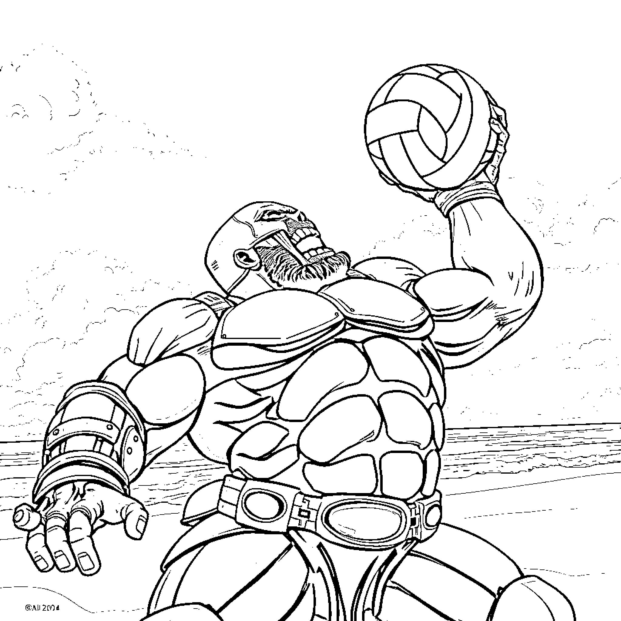 Doomfist preparing for battle with volleyball Coloring Page (free black-and-white line drawing printable PDF for all, from beginners to advanced learners, including children, teens, adults, and seniors)