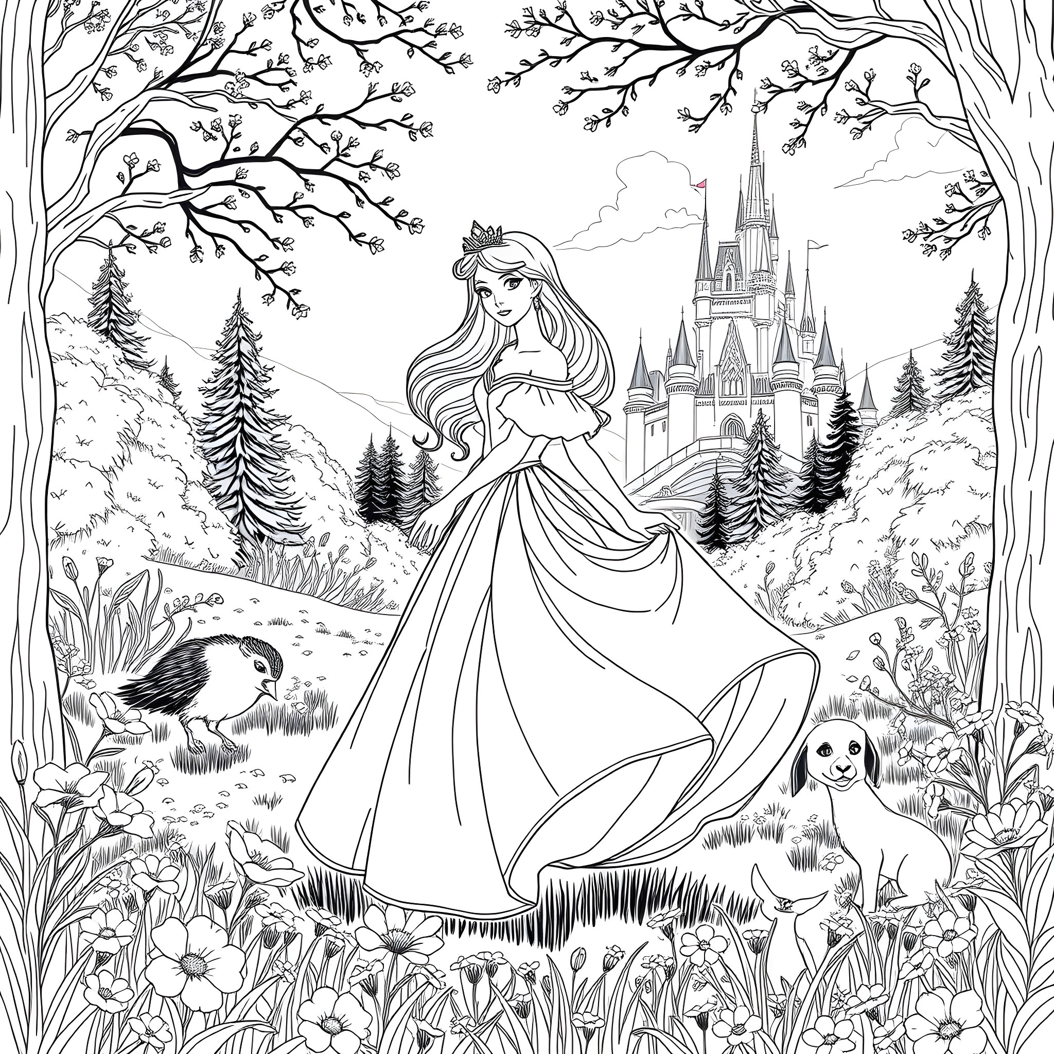 Aurora's Enchanting Fairytale Scene Coloring Page (free black-and-white line drawing printable PDF for all, from beginners to advanced learners, including children, teens, adults, and seniors)