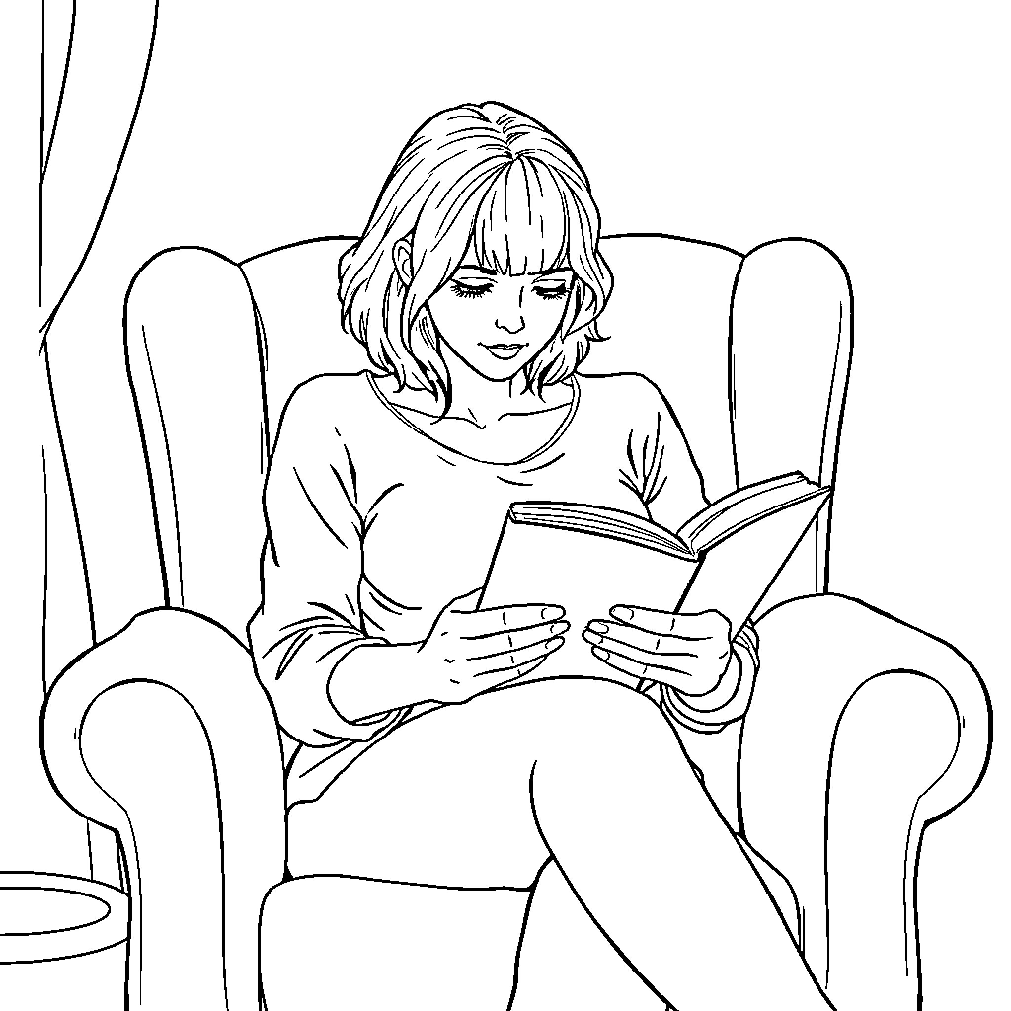 Gwen Tennyson reading a book in a cozy armchair Coloring Page (free black-and-white line drawing printable PDF for all, from beginners to advanced learners, including children, teens, adults, and seniors)