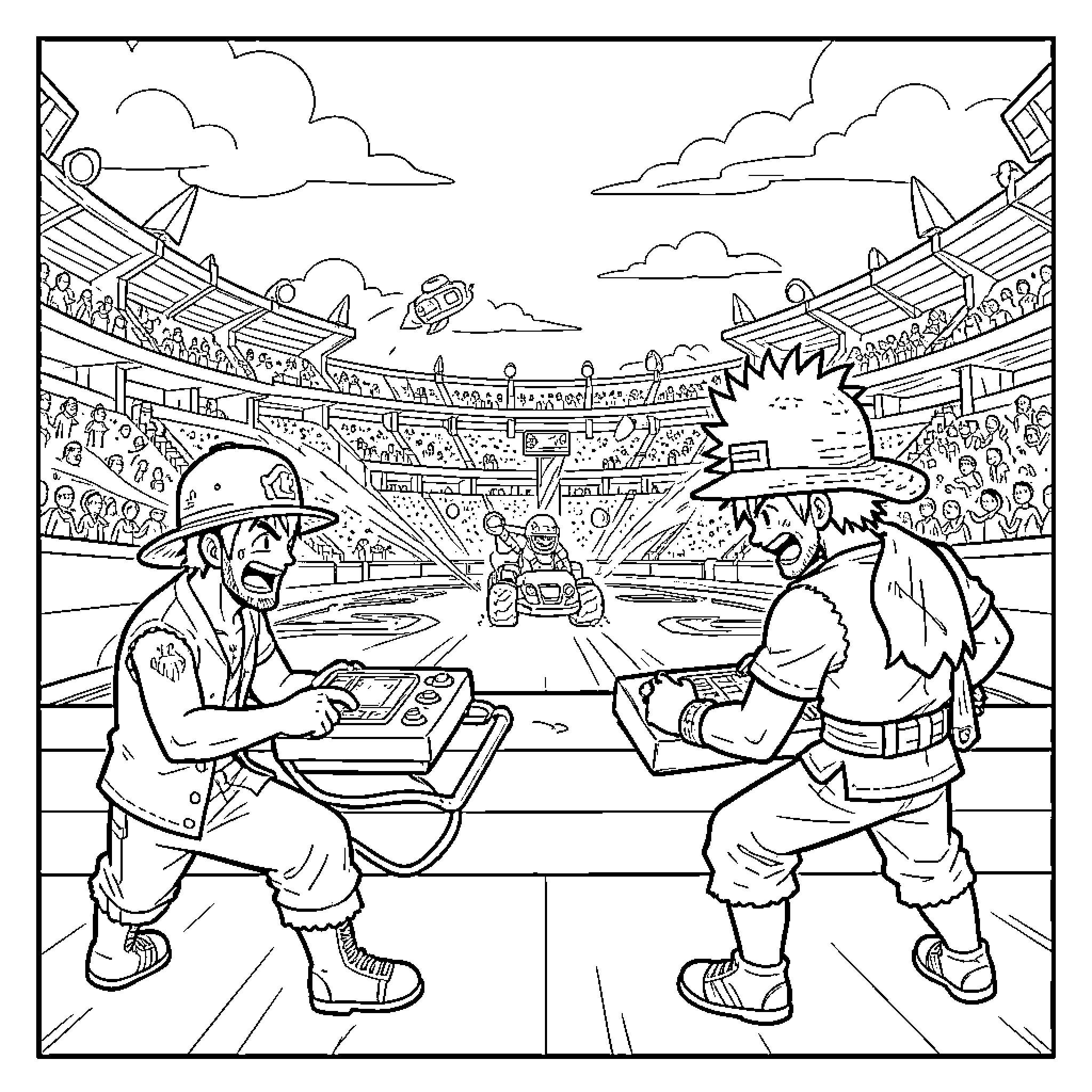 Sangoku and friend operating remote control vehicles in arena Coloring Page (free black-and-white line drawing printable PDF for all, from beginners to advanced learners, including children, teens, adults, and seniors)