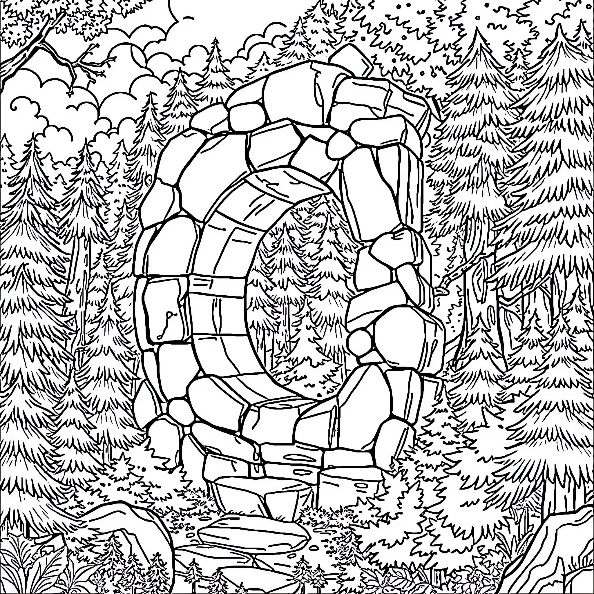 Letter C in nature scenery with pine trees Coloring Page (free black-and-white line drawing printable PDF for all, from beginners to advanced learners, including children, teens, adults, and seniors)