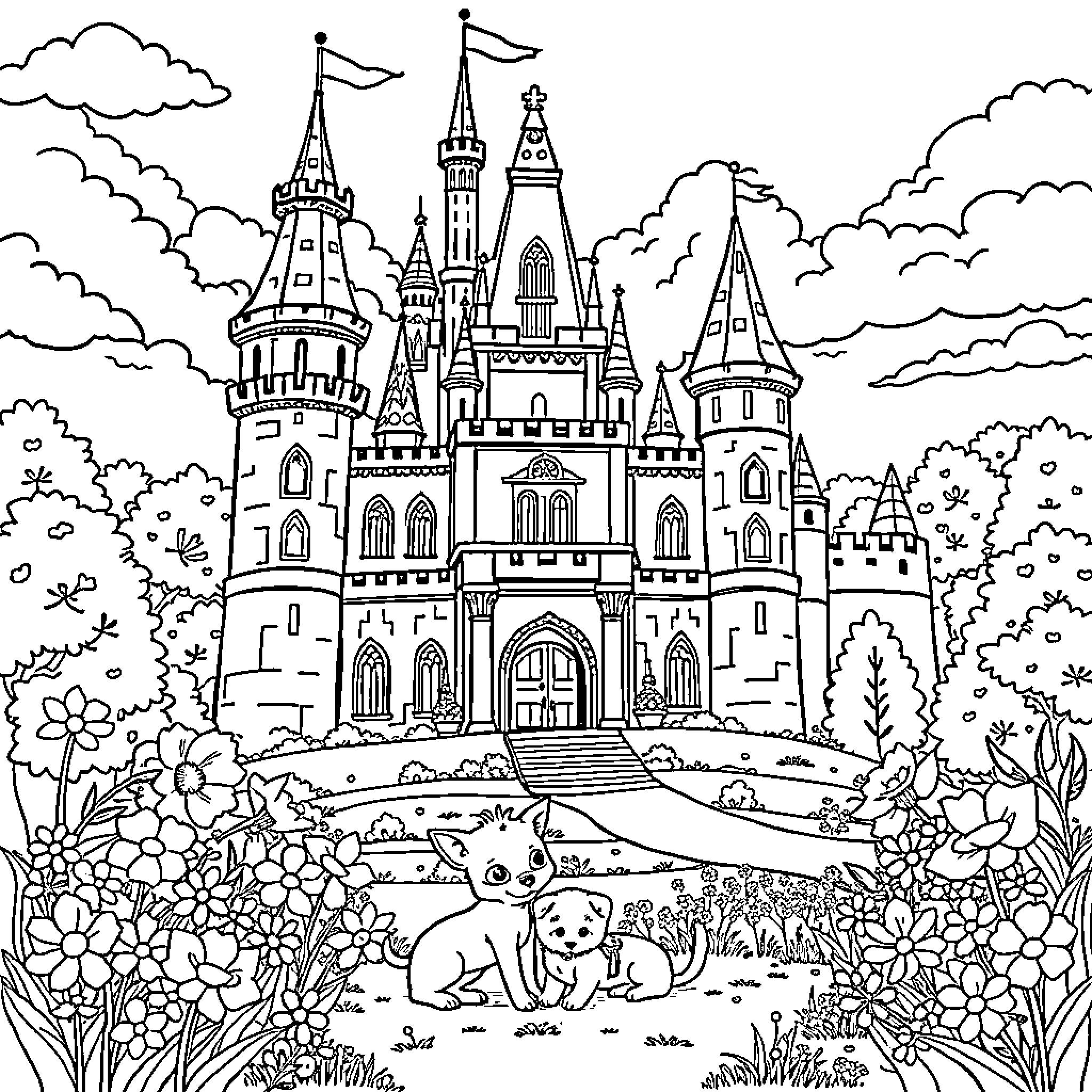 Castle with Playful Creatures in Enchanted Garden Coloring Page (free black-and-white line drawing printable PDF for all, from beginners to advanced learners, including children, teens, adults, and seniors)