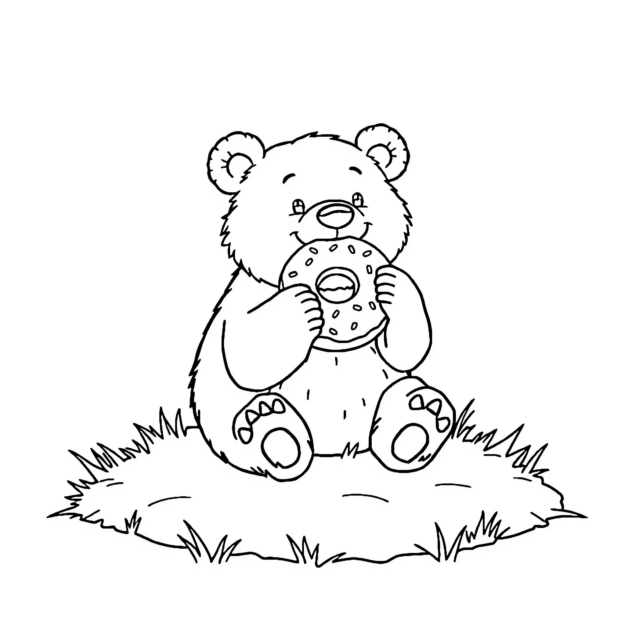 Bear hugging a stuffed toy on the grass Coloring Page (free black-and-white line drawing printable PDF for all, from beginners to advanced learners, including children, teens, adults, and seniors)