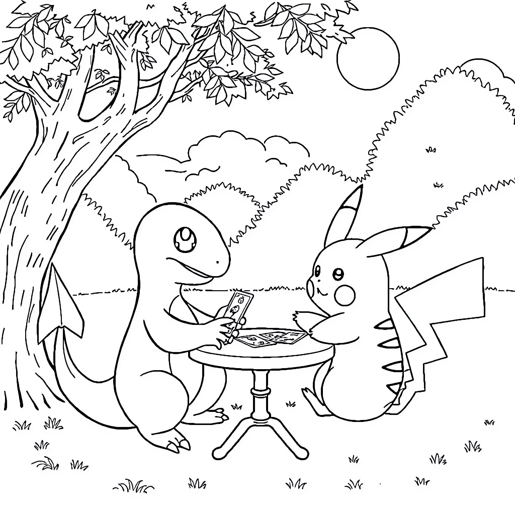 Charmander Enjoying a Picnic with Friends Coloring Page (free black-and-white line drawing printable PDF for all, from beginners to advanced learners, including children, teens, adults, and seniors)