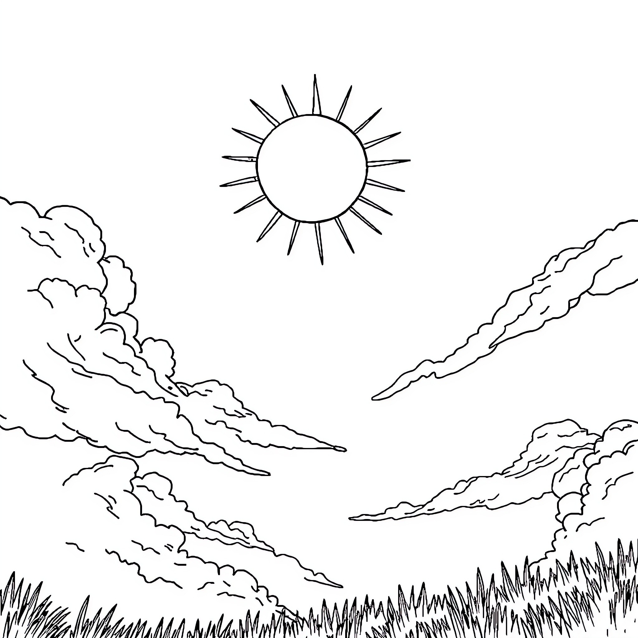 Sun shining over a scenic landscape Coloring Page (free black-and-white line drawing printable PDF for all, from beginners to advanced learners, including children, teens, adults, and seniors)