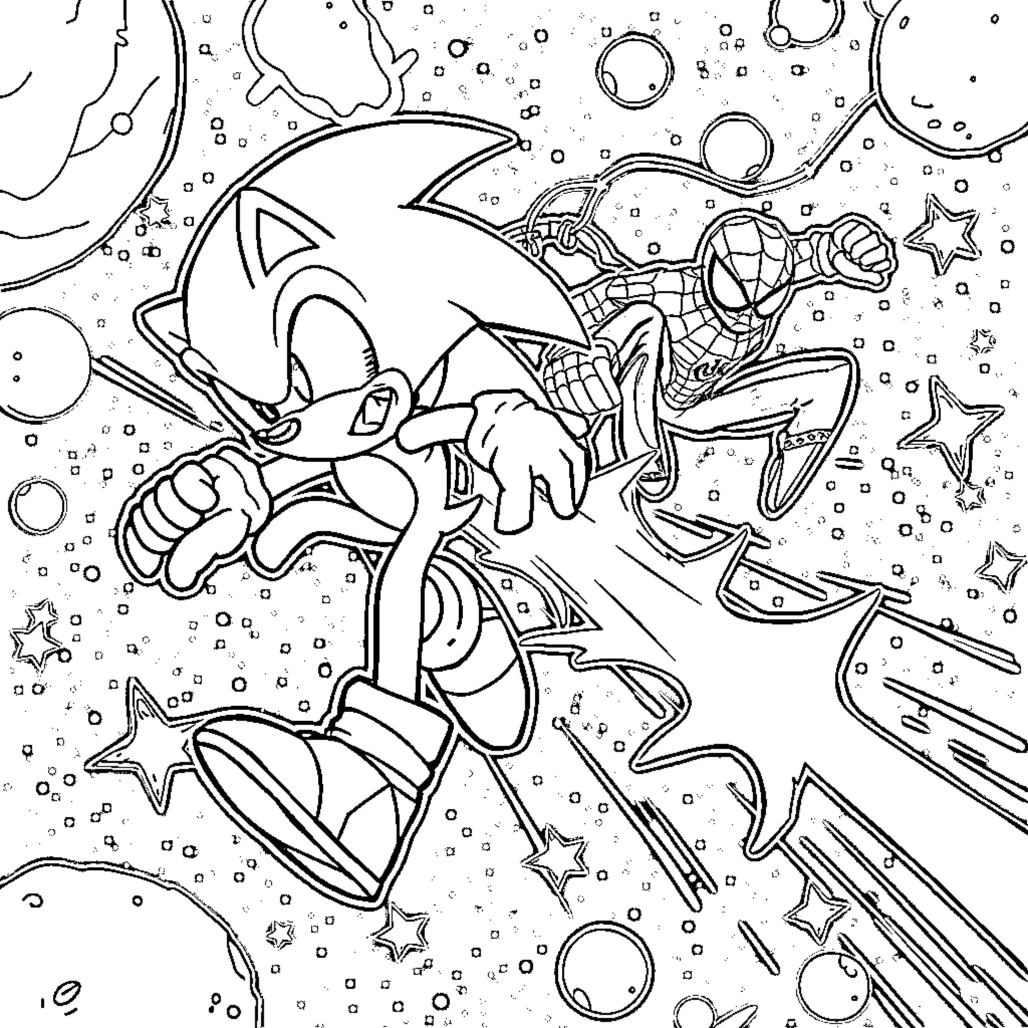 Sonic racing through the cosmos with Spider-Man Coloring Page (free black-and-white line drawing printable PDF for all, from beginners to advanced learners, including children, teens, adults, and seniors)