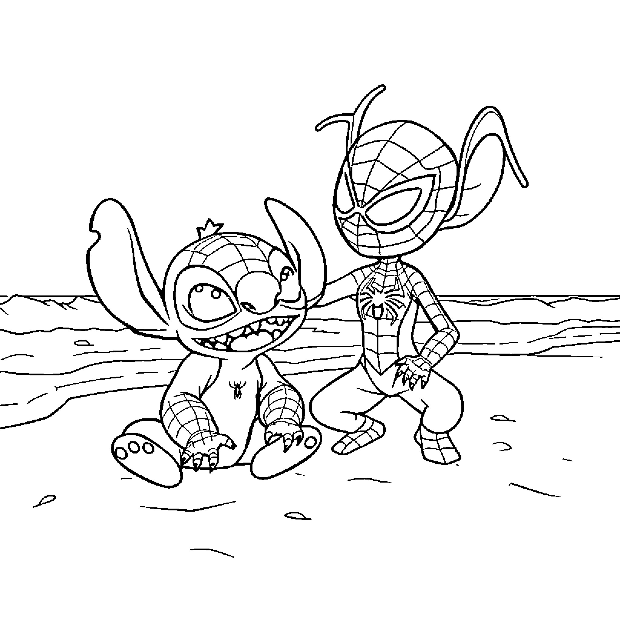 Stitch and Spider-Man hanging out at the beach Coloring Page (free black-and-white line drawing printable PDF for all, from beginners to advanced learners, including children, teens, adults, and seniors)