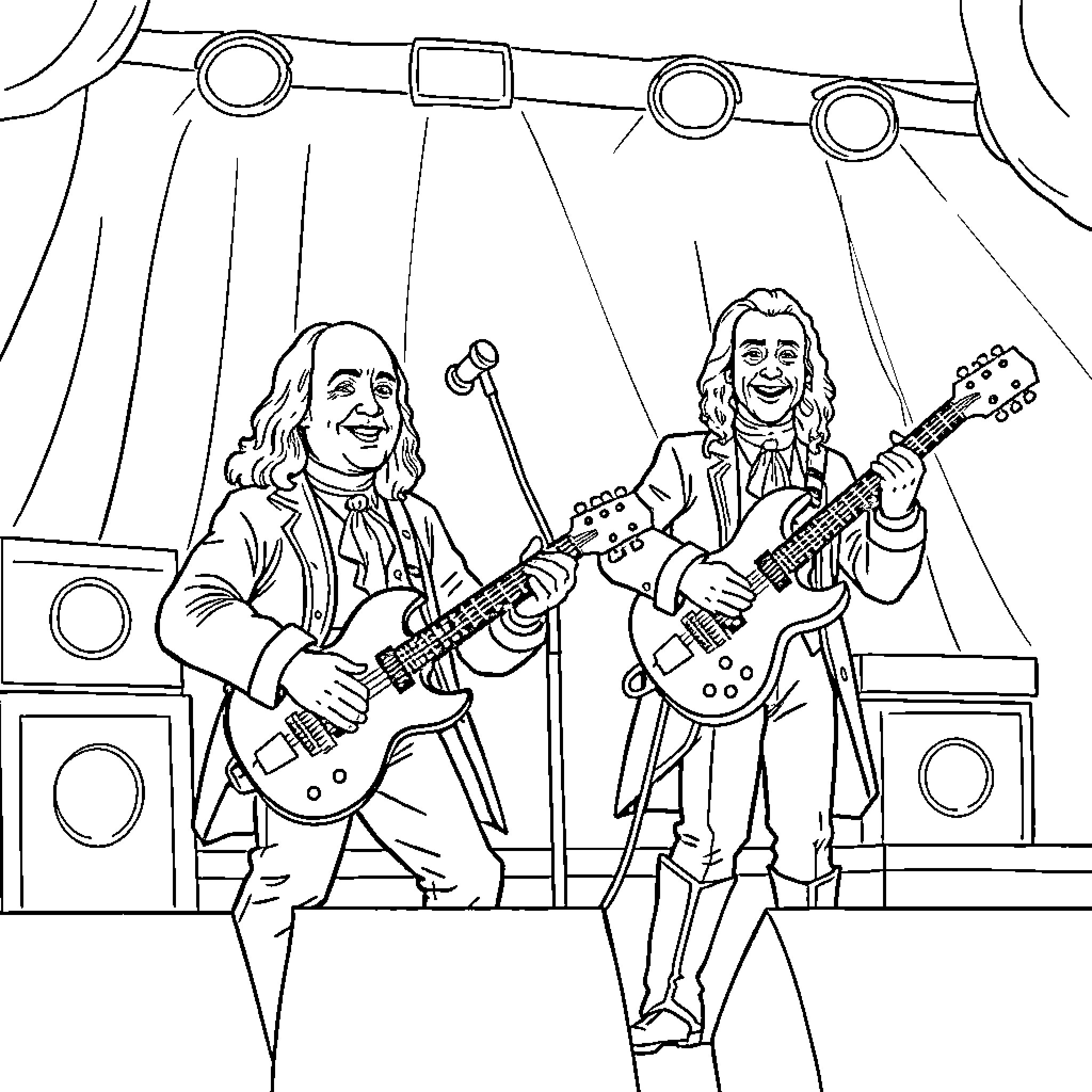 Ben Franklin and friend rocking out on stage Coloring Page (free black-and-white line drawing printable PDF for all, from beginners to advanced learners, including children, teens, adults, and seniors)