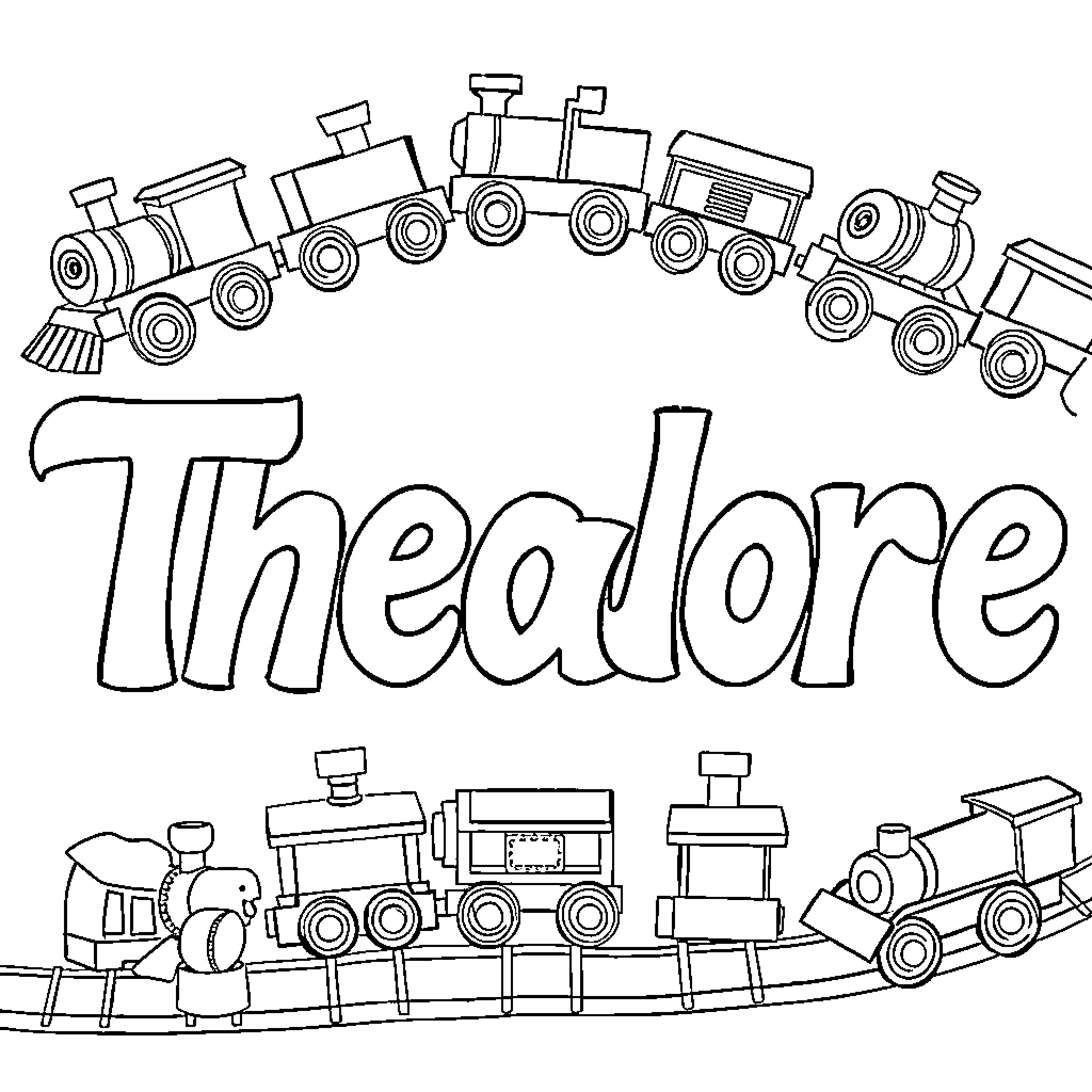 Theodore's Trains on the Track Coloring Page (free black-and-white line drawing printable PDF for all, from beginners to advanced learners, including children, teens, adults, and seniors)
