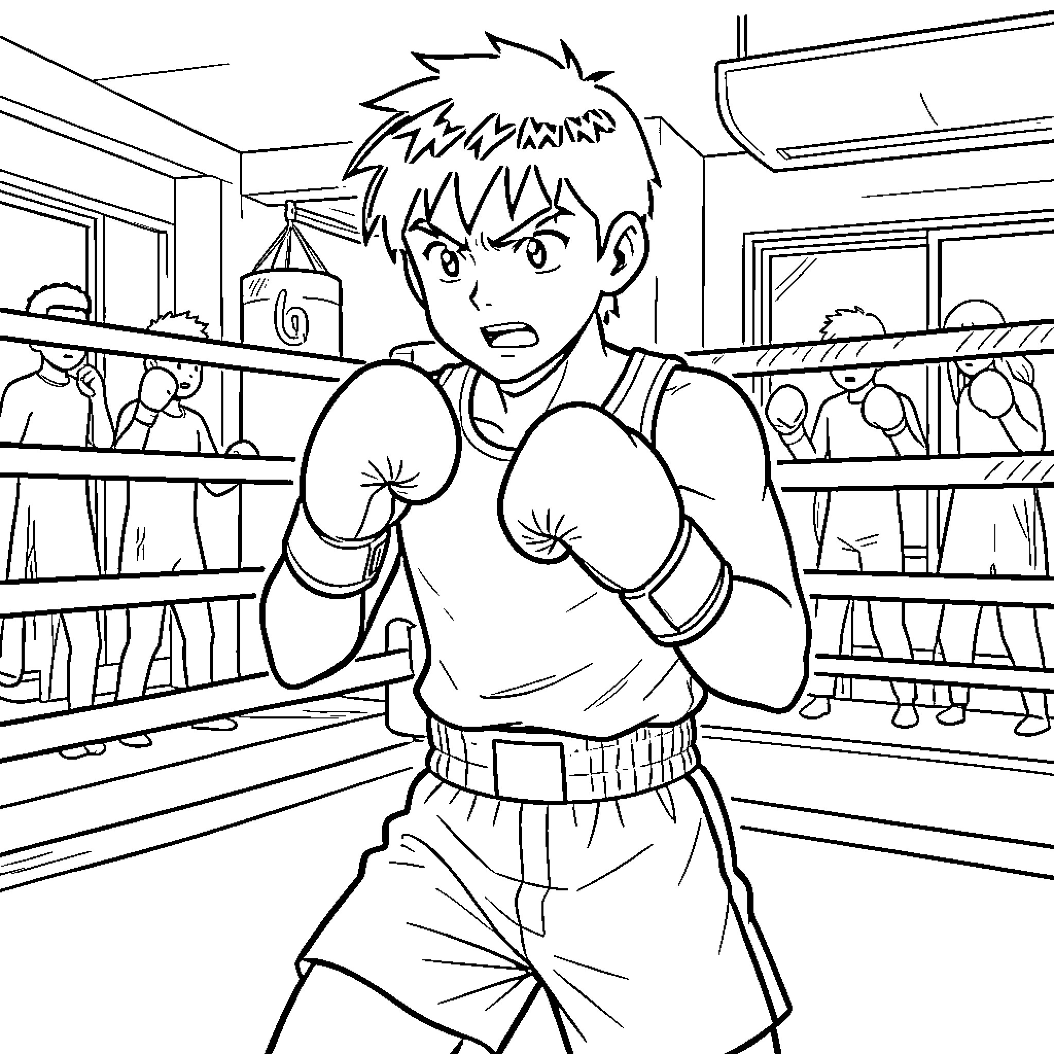 Ippo wearing boxing gear and preparing to fight Coloring Page (free black-and-white line drawing printable PDF for all, from beginners to advanced learners, including children, teens, adults, and seniors)