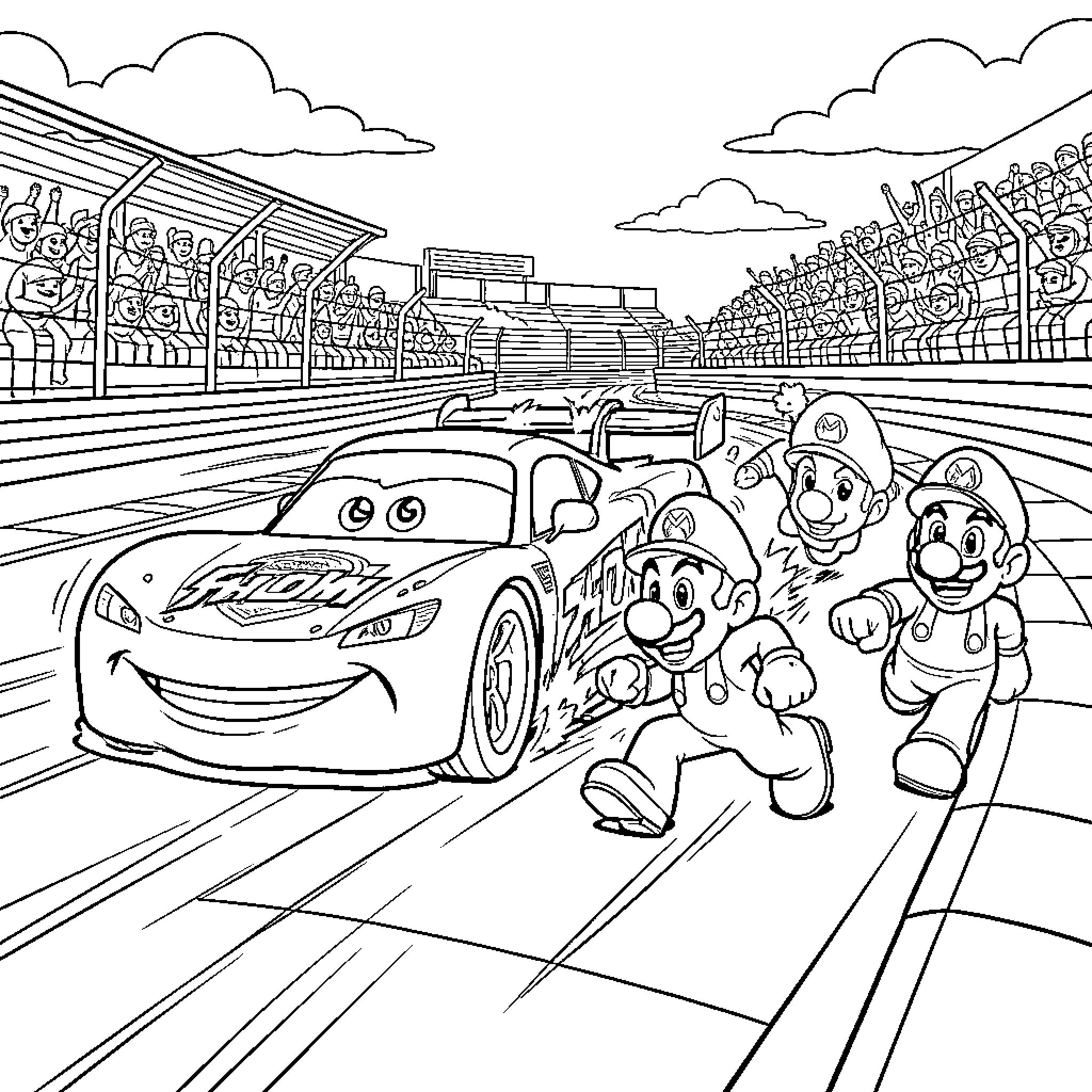 Flash McQueen Racing with Mario and Friends Coloring Page (free black-and-white line drawing printable PDF for all, from beginners to advanced learners, including children, teens, adults, and seniors)