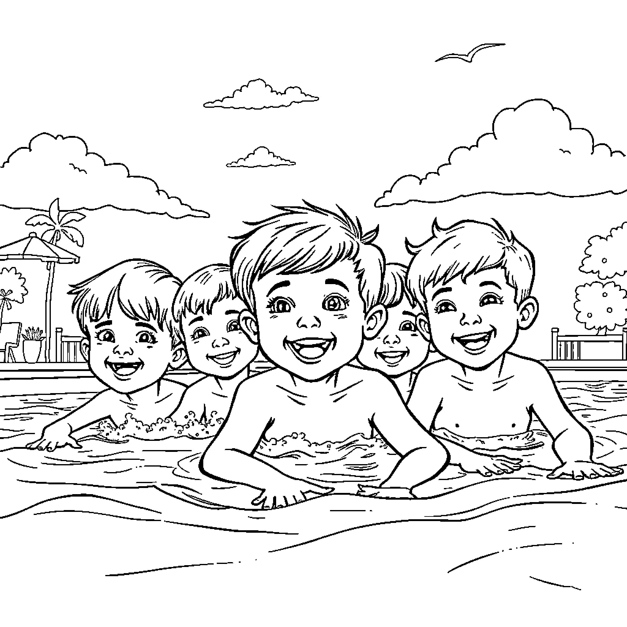Children playing joyfully in the water Coloring Page (free black-and-white line drawing printable PDF for all, from beginners to advanced learners, including children, teens, adults, and seniors)