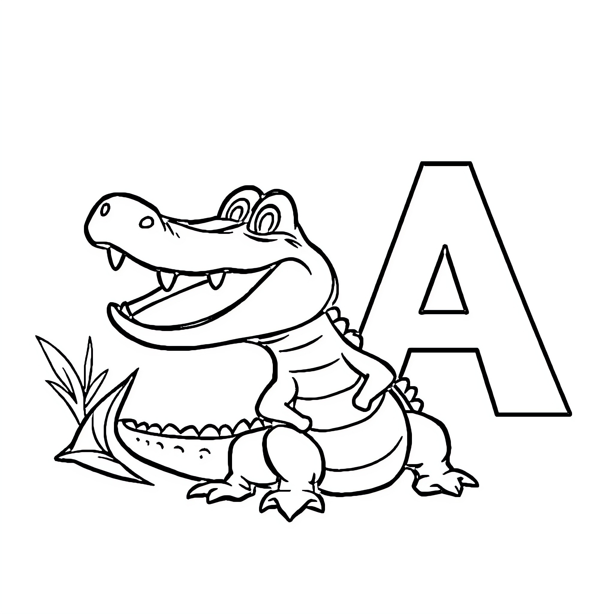Alligator posing with a large letter A Coloring Page (free black-and-white line drawing printable PDF for all, from beginners to advanced learners, including children, teens, adults, and seniors)