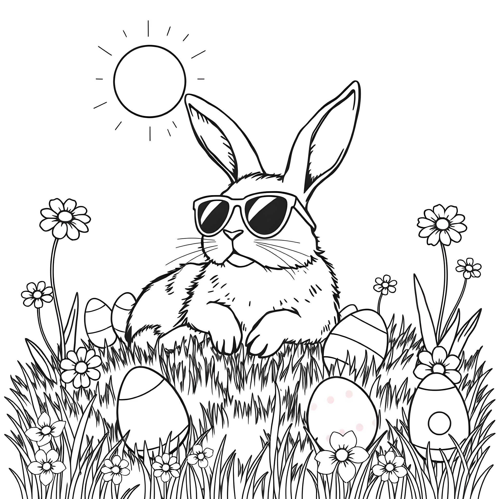Rabbit with sunglasses in a sunny field Coloring Page (free black-and-white line drawing printable PDF for all, from beginners to advanced learners, including children, teens, adults, and seniors)