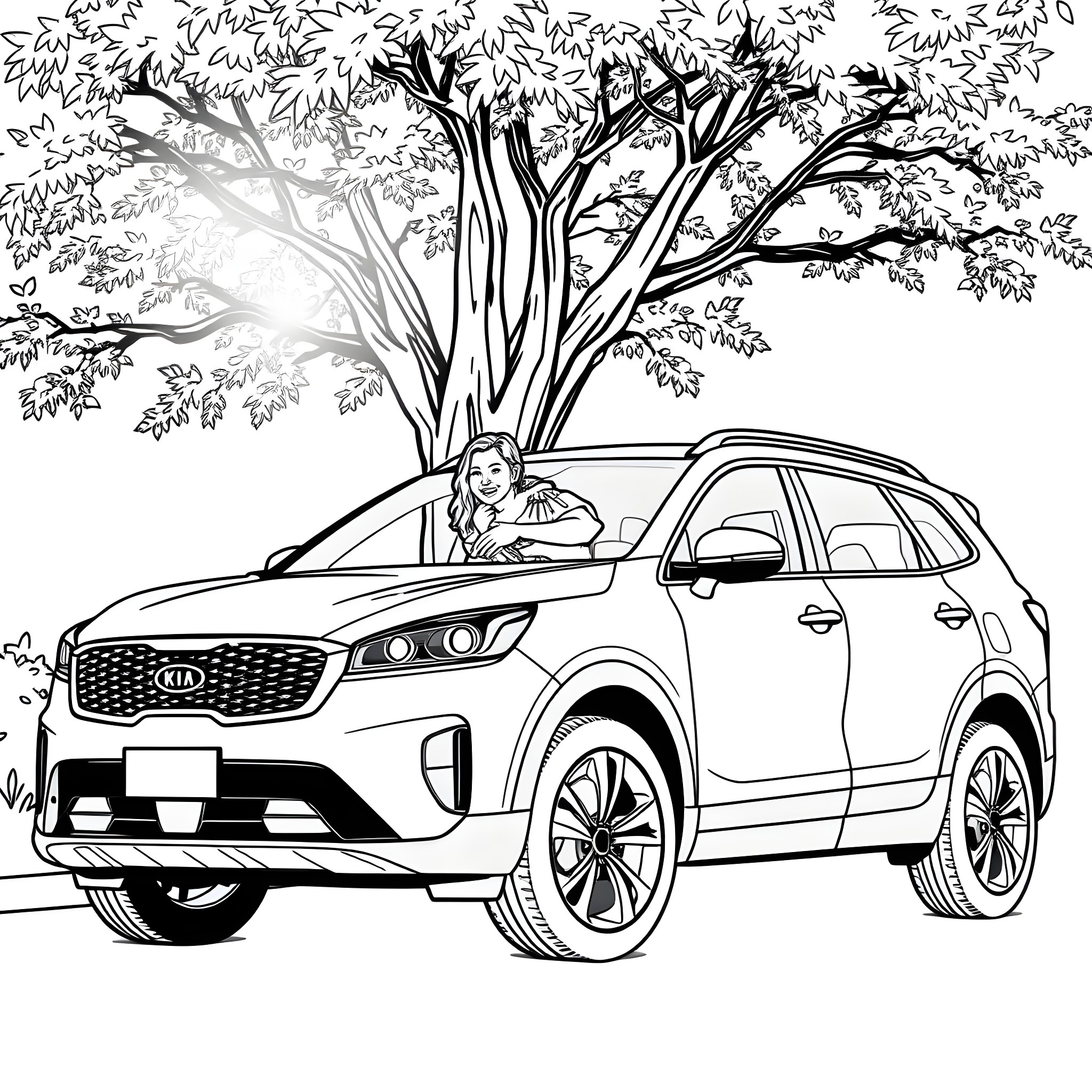 Kia Sorento SUV parked under a tree with a person inside Coloring Page (free black-and-white line drawing printable PDF for all, from beginners to advanced learners, including children, teens, adults, and seniors)