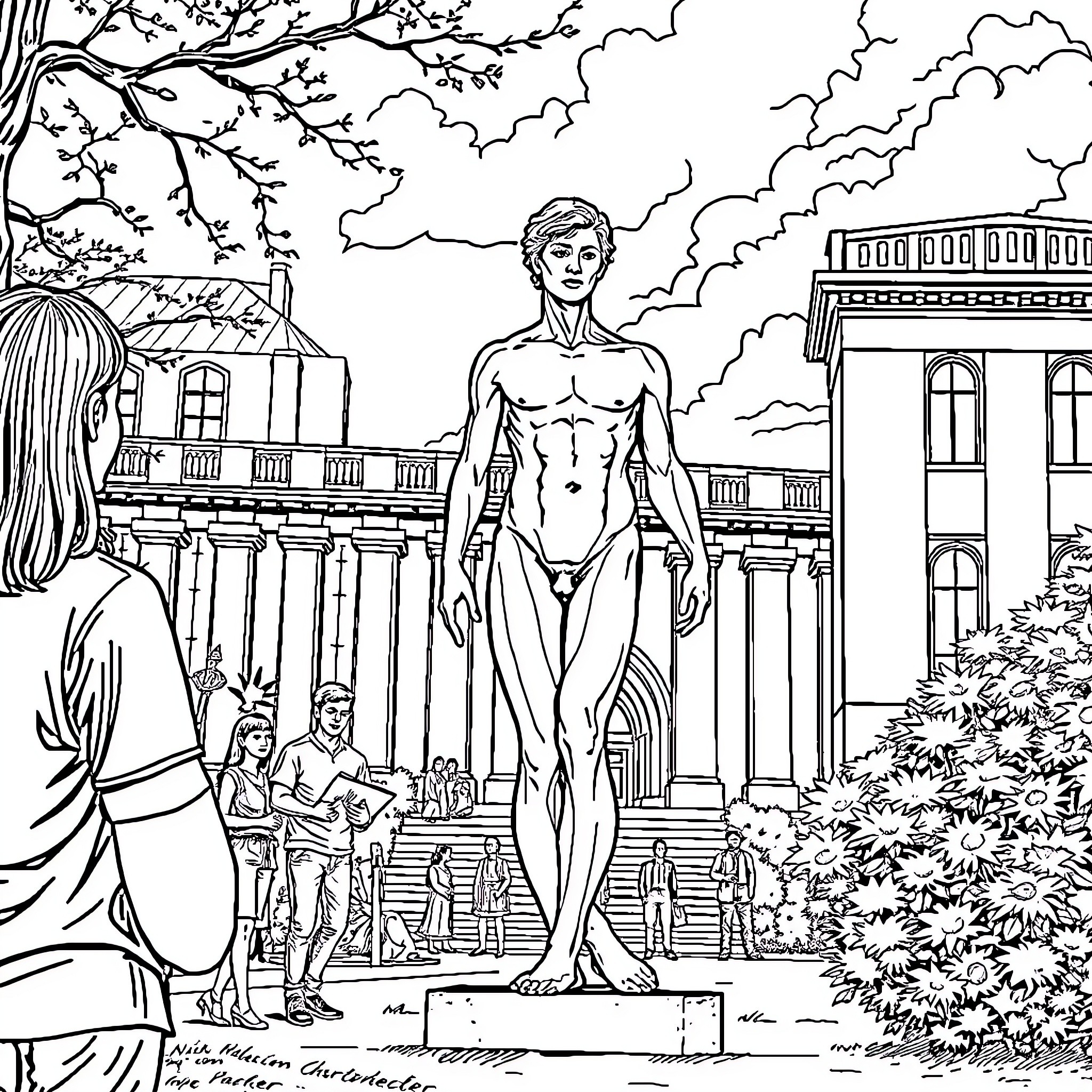 College Students Enjoying the Outdoors on Campus Coloring Page (free black-and-white line drawing printable PDF for all, from beginners to advanced learners, including children, teens, adults, and seniors)