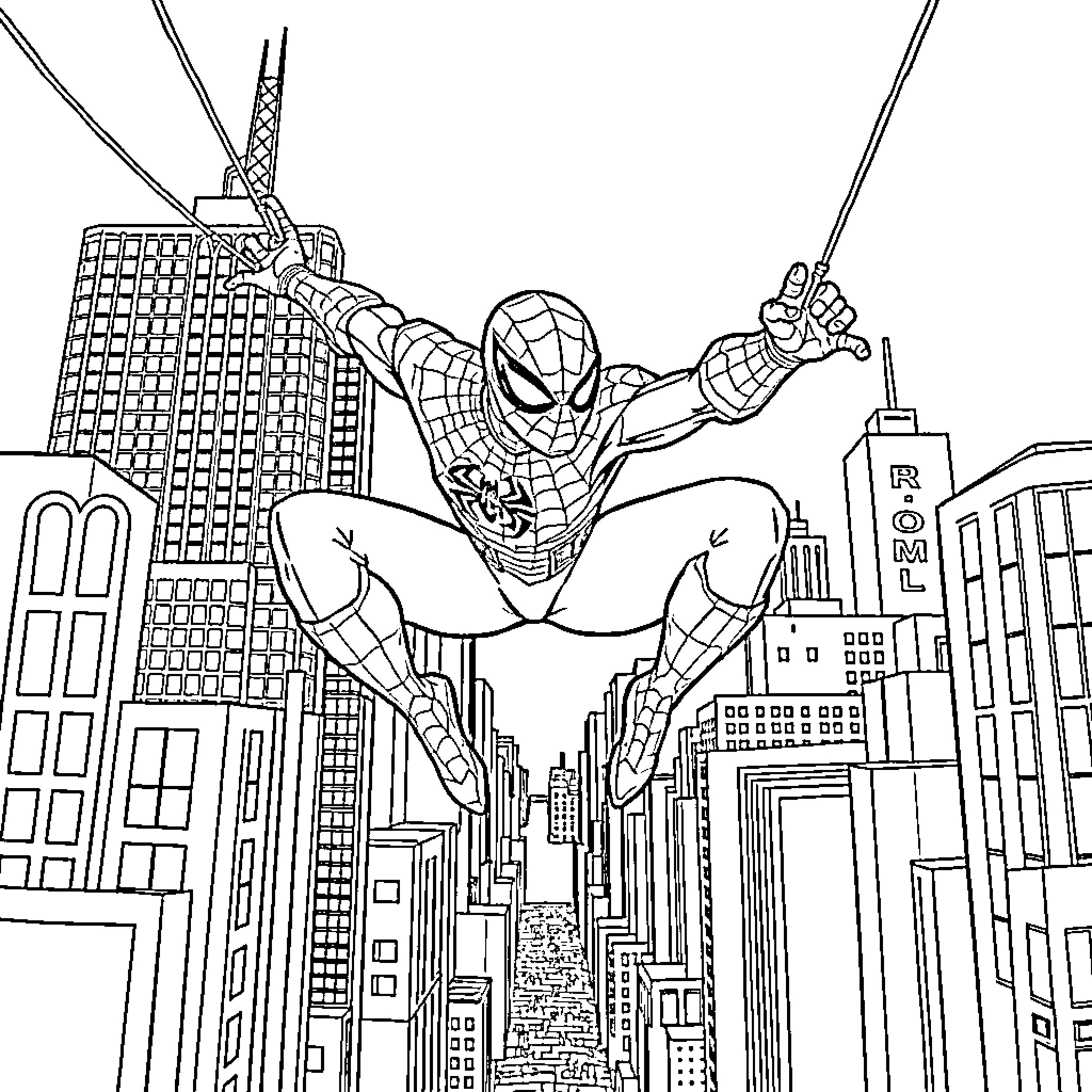 Spiderman swinging through the city skyline Coloring Page (free black-and-white line drawing printable PDF for all, from beginners to advanced learners, including children, teens, adults, and seniors)