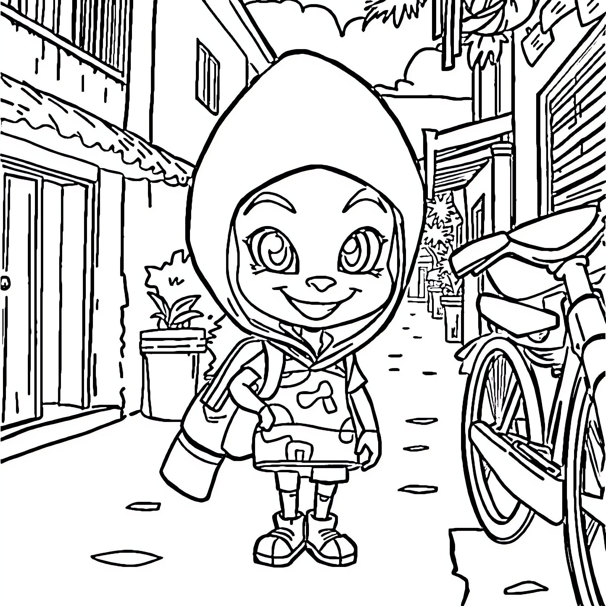 Kuromi in a whimsical neighborhood adventure Coloring Page (free black-and-white line drawing printable PDF for all, from beginners to advanced learners, including children, teens, adults, and seniors)
