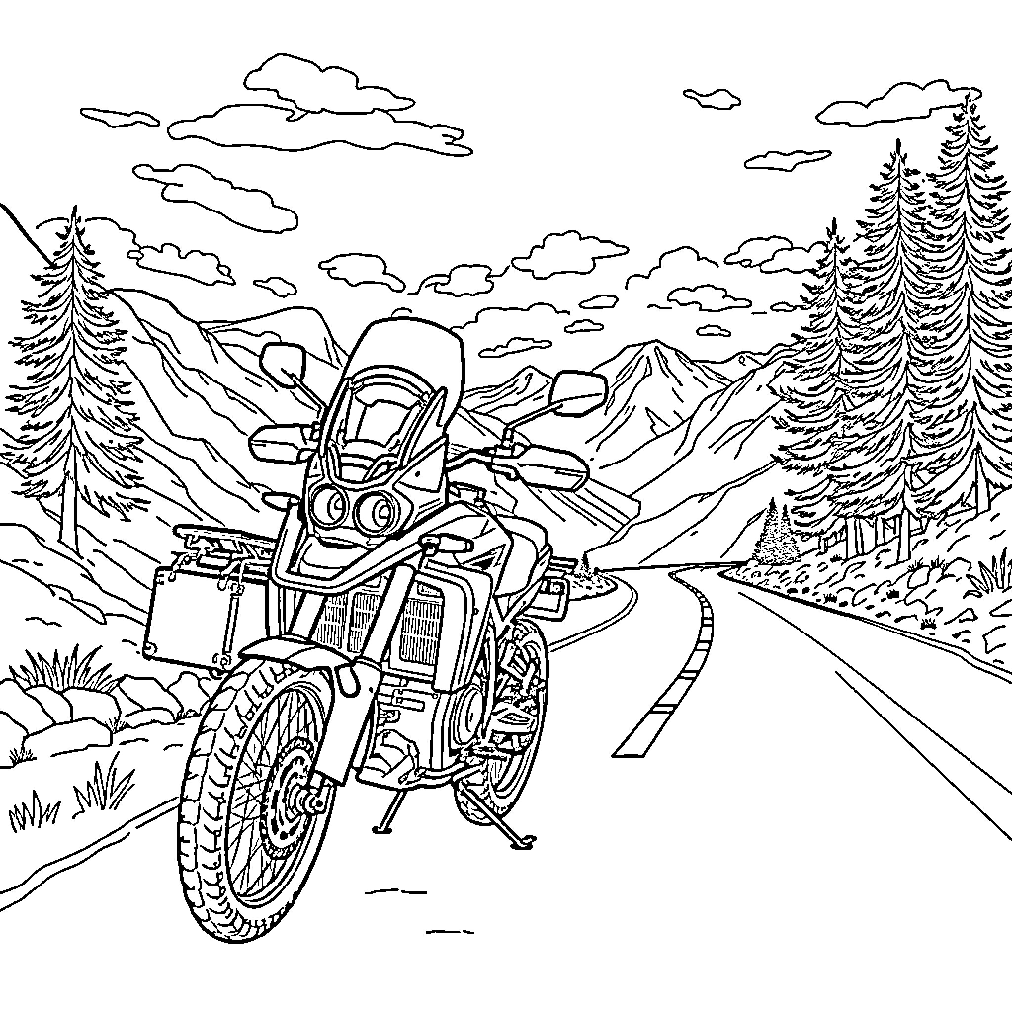 Cfmoto motorcycle adventure in the mountains Coloring Page (free black-and-white line drawing printable PDF for all, from beginners to advanced learners, including children, teens, adults, and seniors)