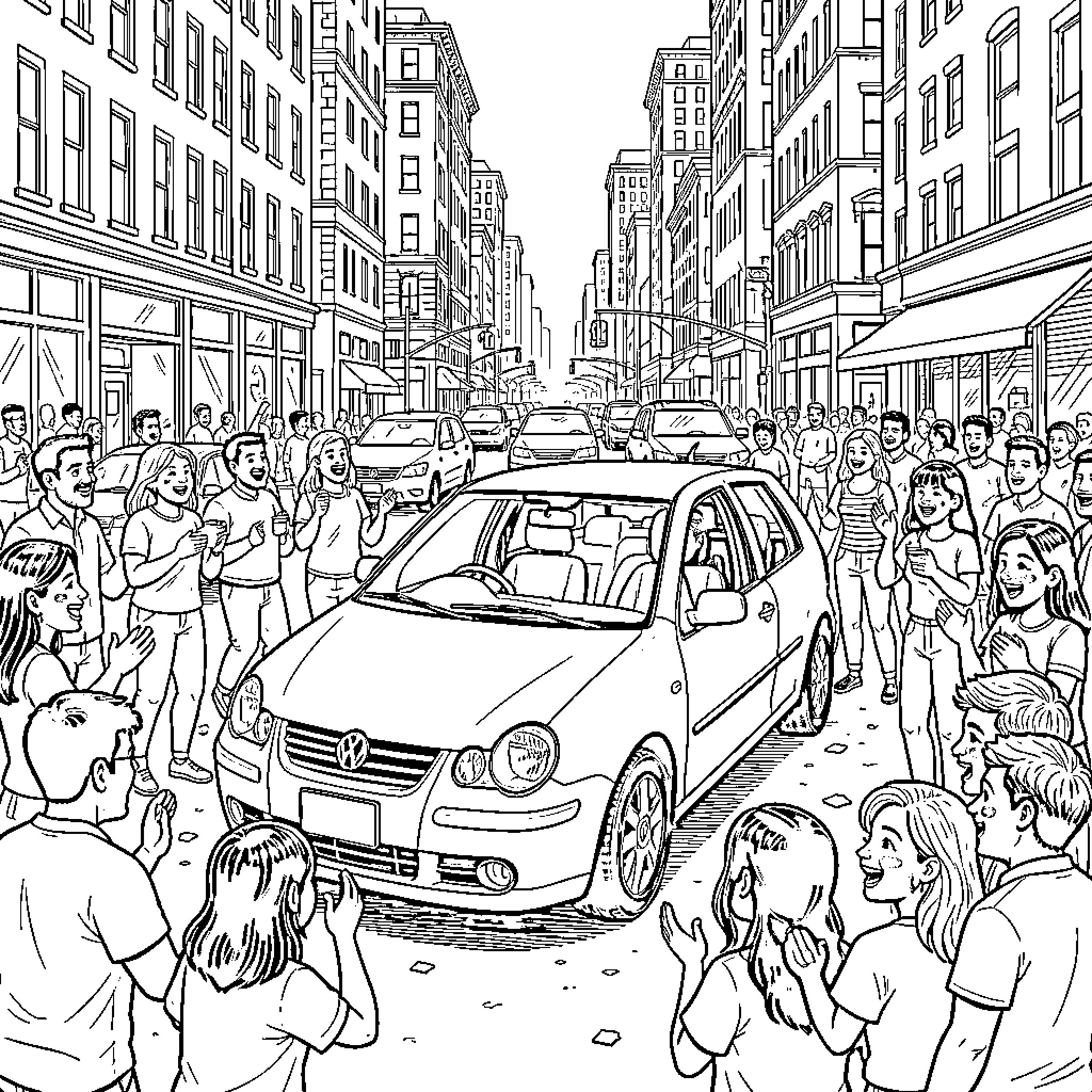 Volkswagen in a bustling city street scene Coloring Page (free black-and-white line drawing printable PDF for all, from beginners to advanced learners, including children, teens, adults, and seniors)