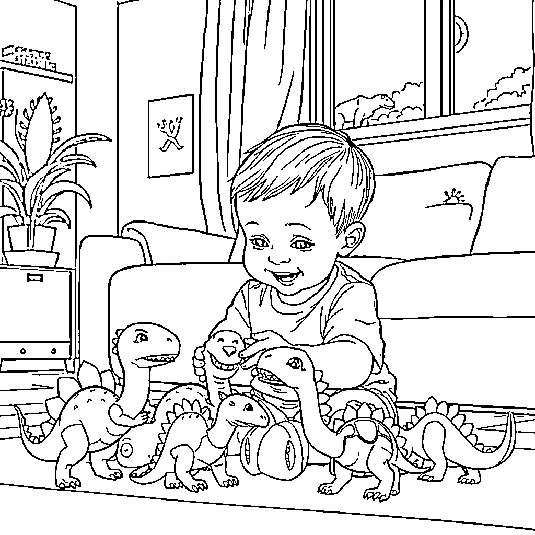Boy playing joyfully with toy dinosaurs at home Coloring Page (free black-and-white line drawing printable PDF for all, from beginners to advanced learners, including children, teens, adults, and seniors)