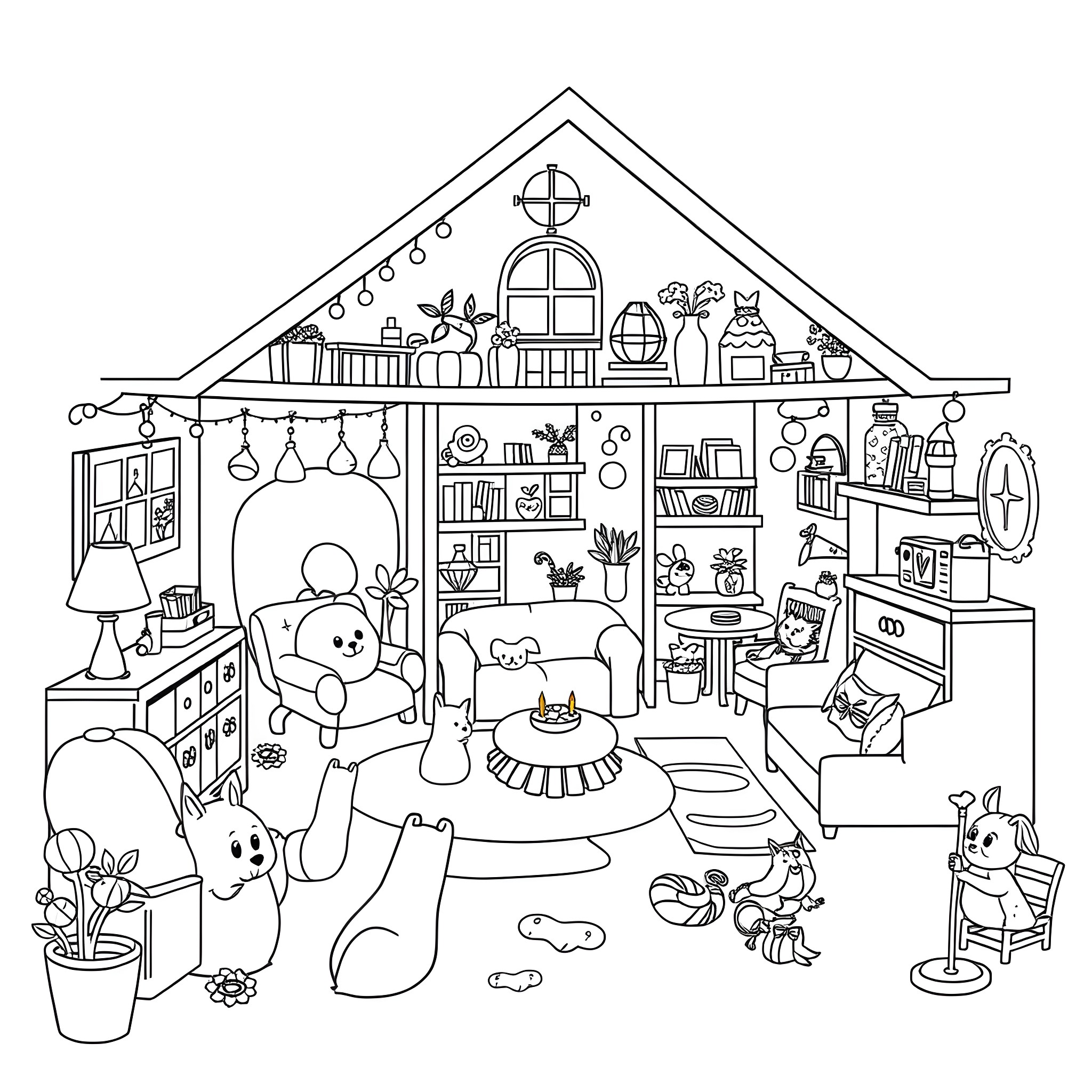 Gabby Dollhouse: Playful characters in a cozy home Coloring Page (free black-and-white line drawing printable PDF for all, from beginners to advanced learners, including children, teens, adults, and seniors)