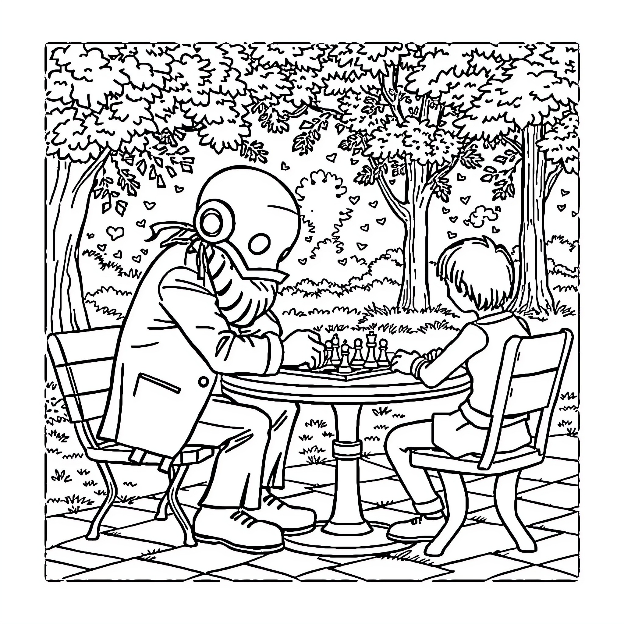 Mr Met Engaged in a Friendly Chess Match Outdoors Coloring Page (free black-and-white line drawing printable PDF for all, from beginners to advanced learners, including children, teens, adults, and seniors)