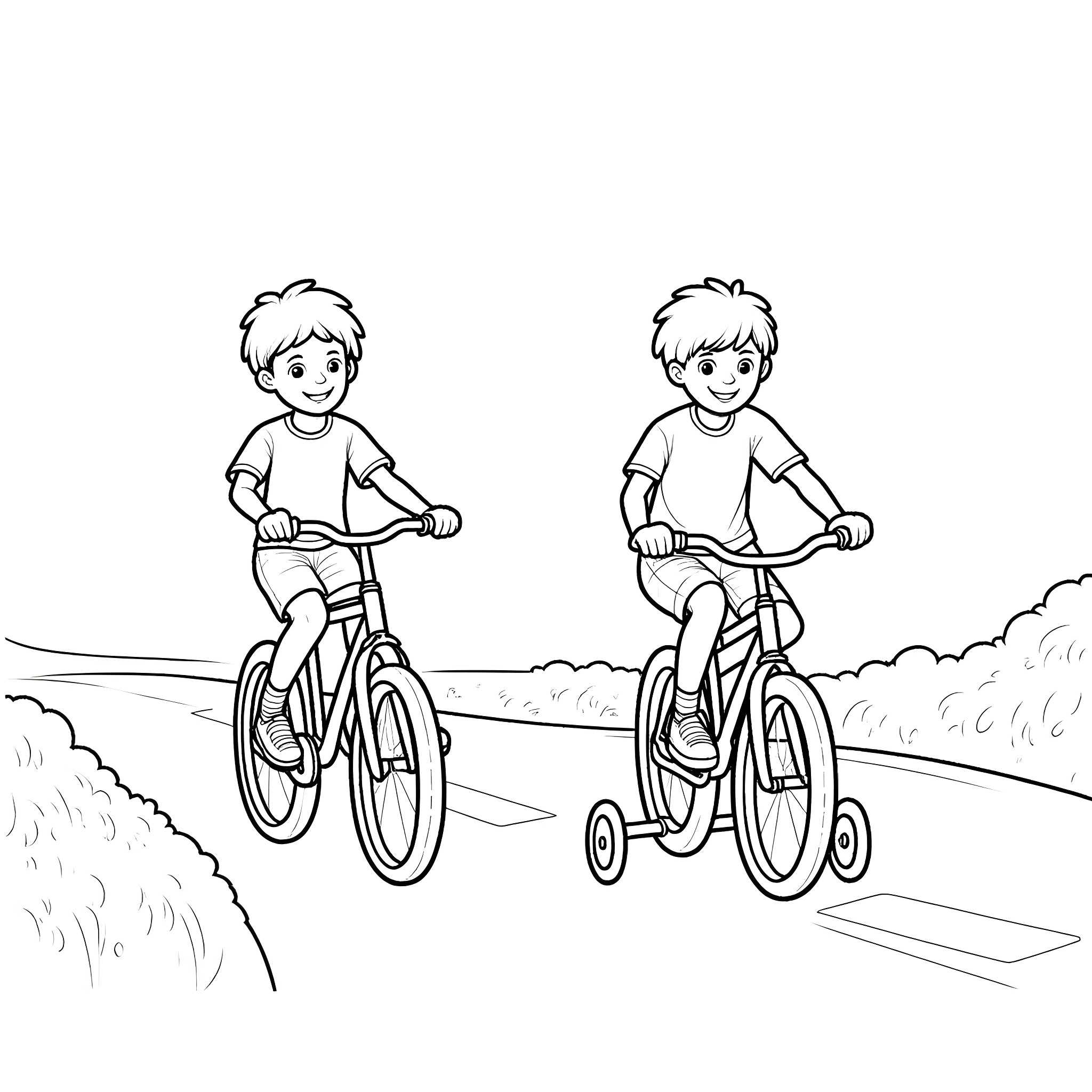 Boys riding bicycles on a path Coloring Page (free black-and-white line drawing printable PDF for all, from beginners to advanced learners, including children, teens, adults, and seniors)