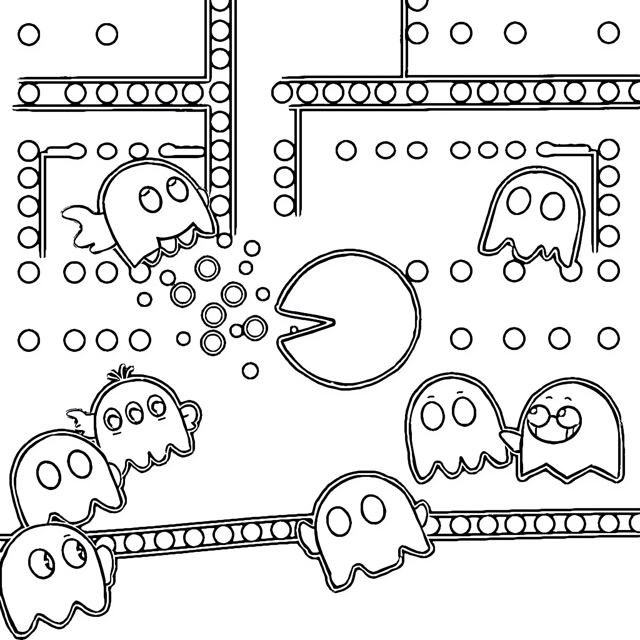 Pacman characters in a whimsical game scene Coloring Page (free black-and-white line drawing printable PDF for all, from beginners to advanced learners, including children, teens, adults, and seniors)