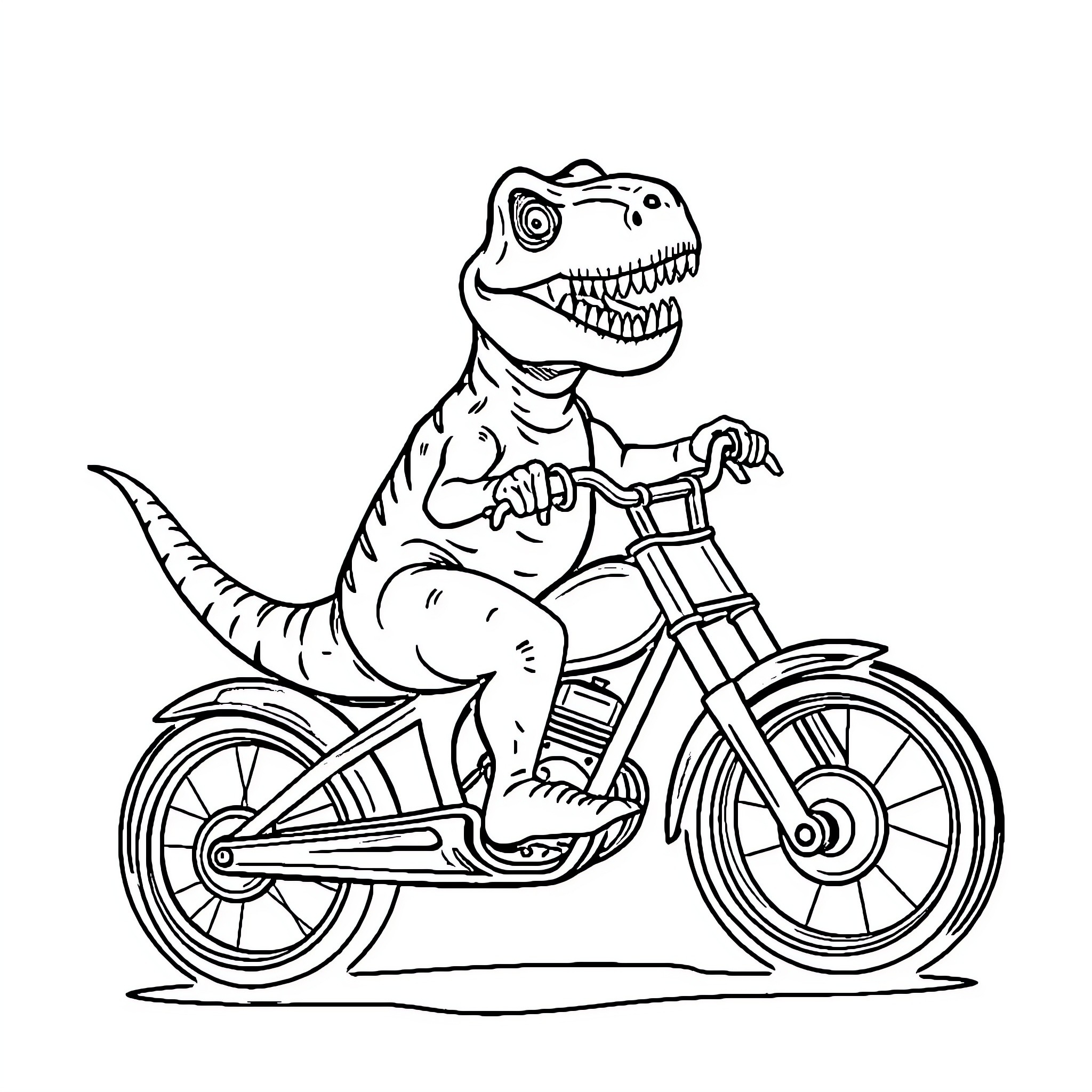 T-Rex riding a bicycle with enthusiasm Coloring Page (free black-and-white line drawing printable PDF for all, from beginners to advanced learners, including children, teens, adults, and seniors)