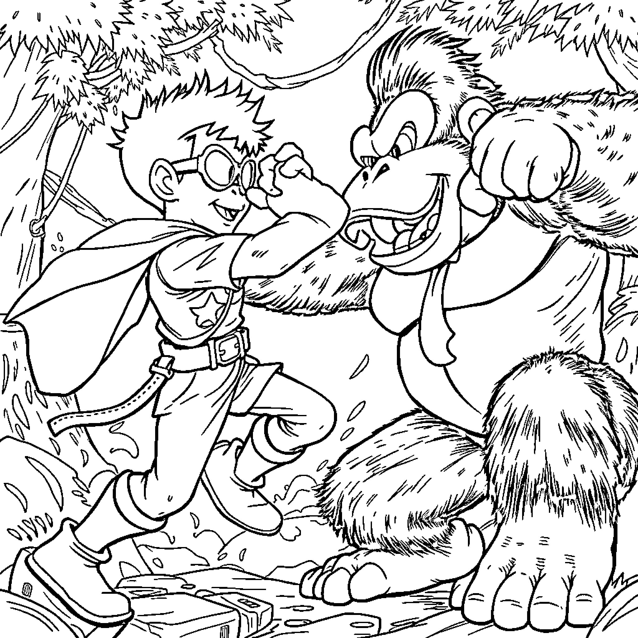 Robin confronting a monstrous creature in the wilderness Coloring Page (free black-and-white line drawing printable PDF for all, from beginners to advanced learners, including children, teens, adults, and seniors)