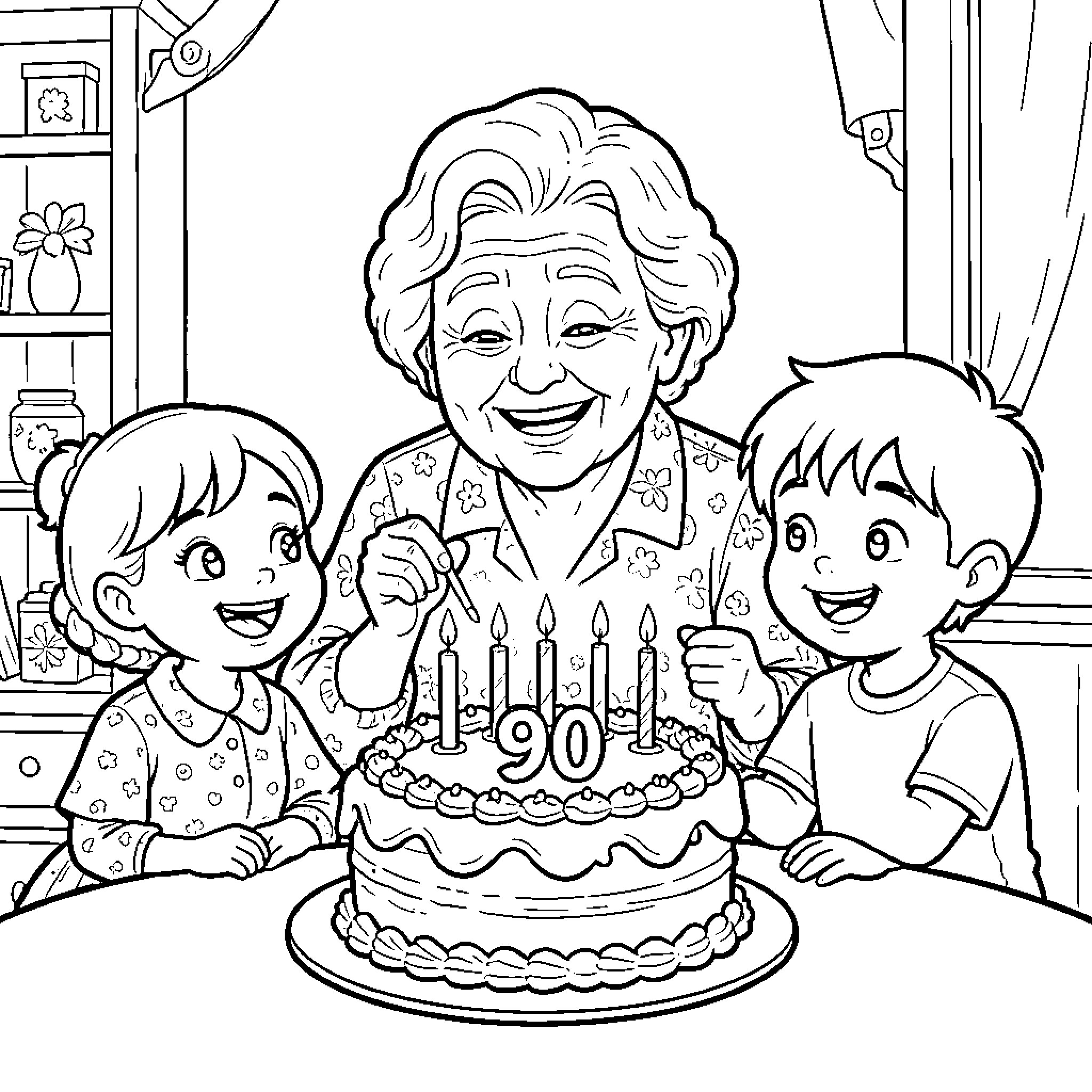 Avó celebrating birthday with grandchildren Coloring Page (free black-and-white line drawing printable PDF for all, from beginners to advanced learners, including children, teens, adults, and seniors)