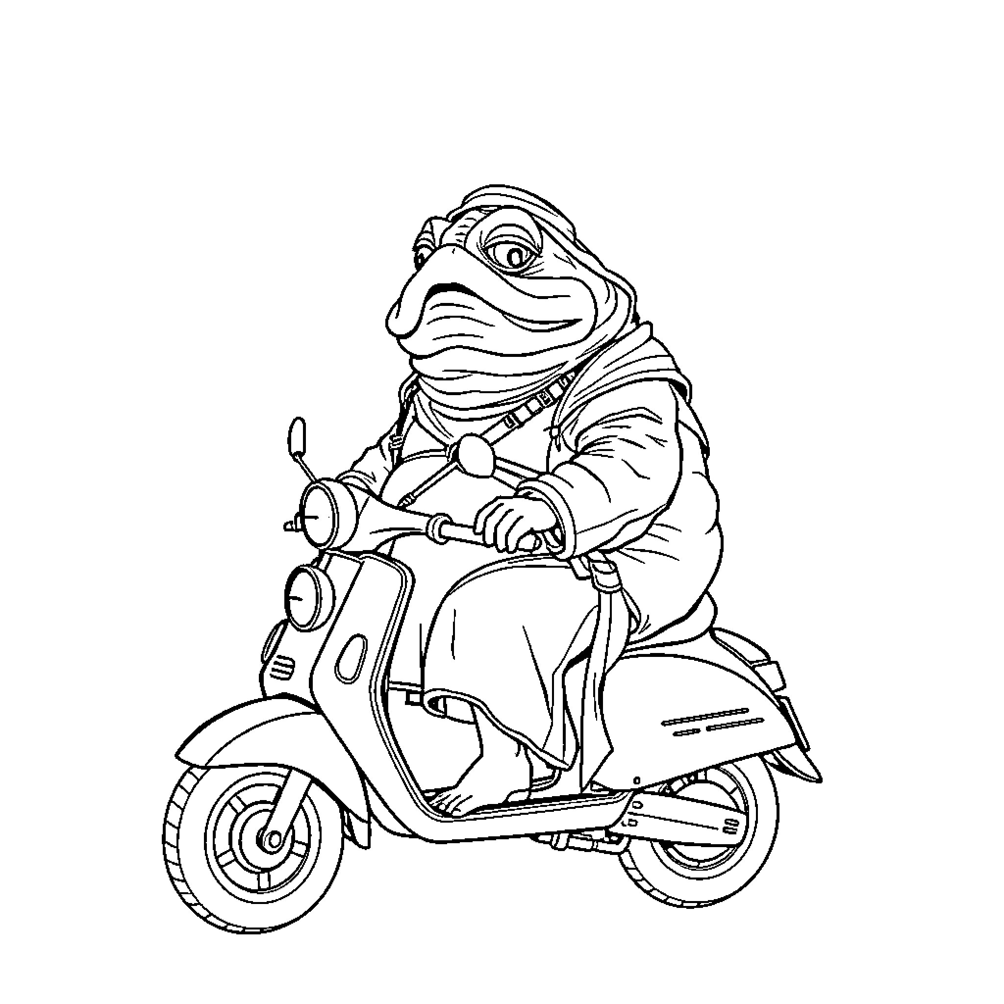 Jabba the Hutt riding a scooter in outlandish outfit Coloring Page (free black-and-white line drawing printable PDF for all, from beginners to advanced learners, including children, teens, adults, and seniors)