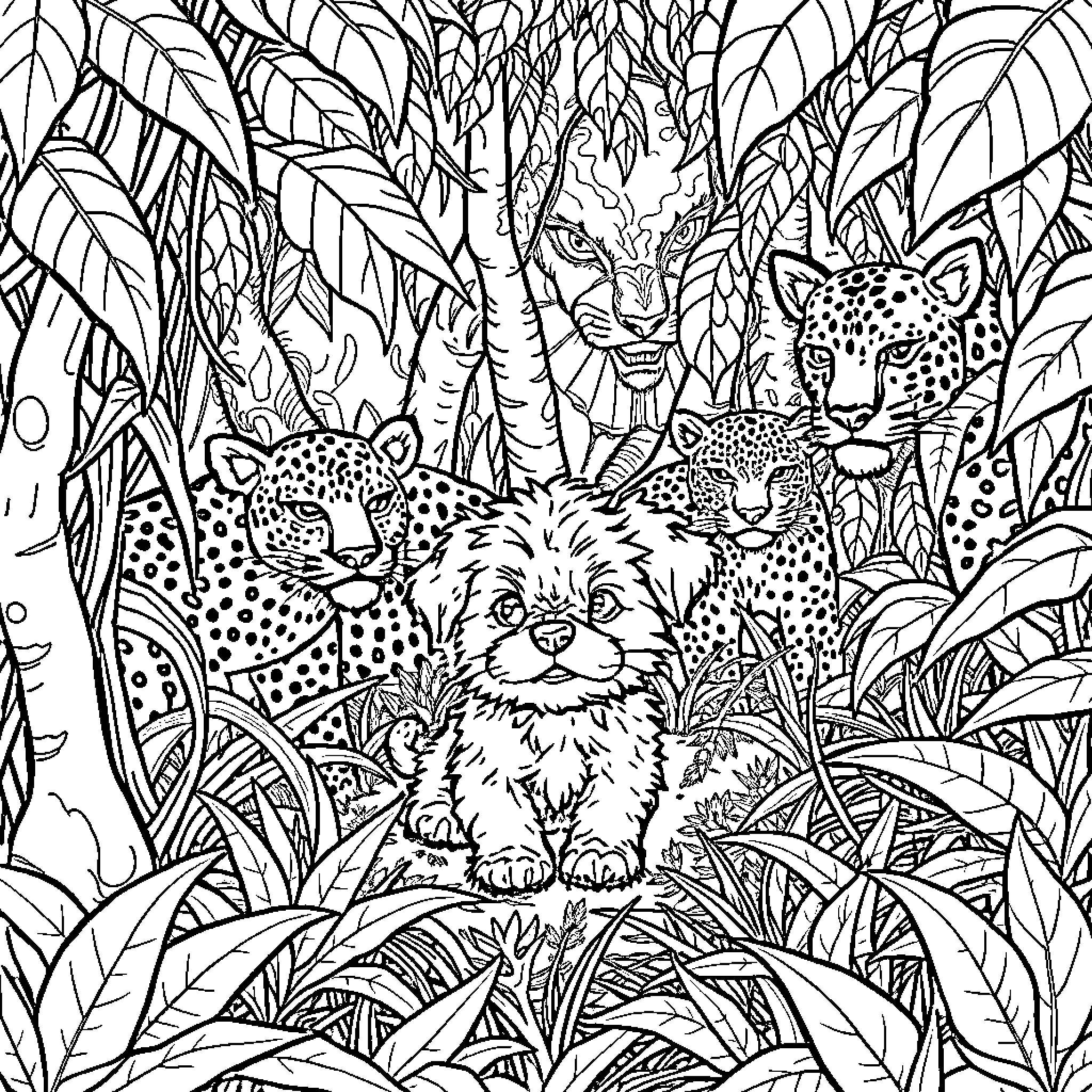 Puppy hidden in the forest with curious leopards Coloring Page (free black-and-white line drawing printable PDF for all, from beginners to advanced learners, including children, teens, adults, and seniors)