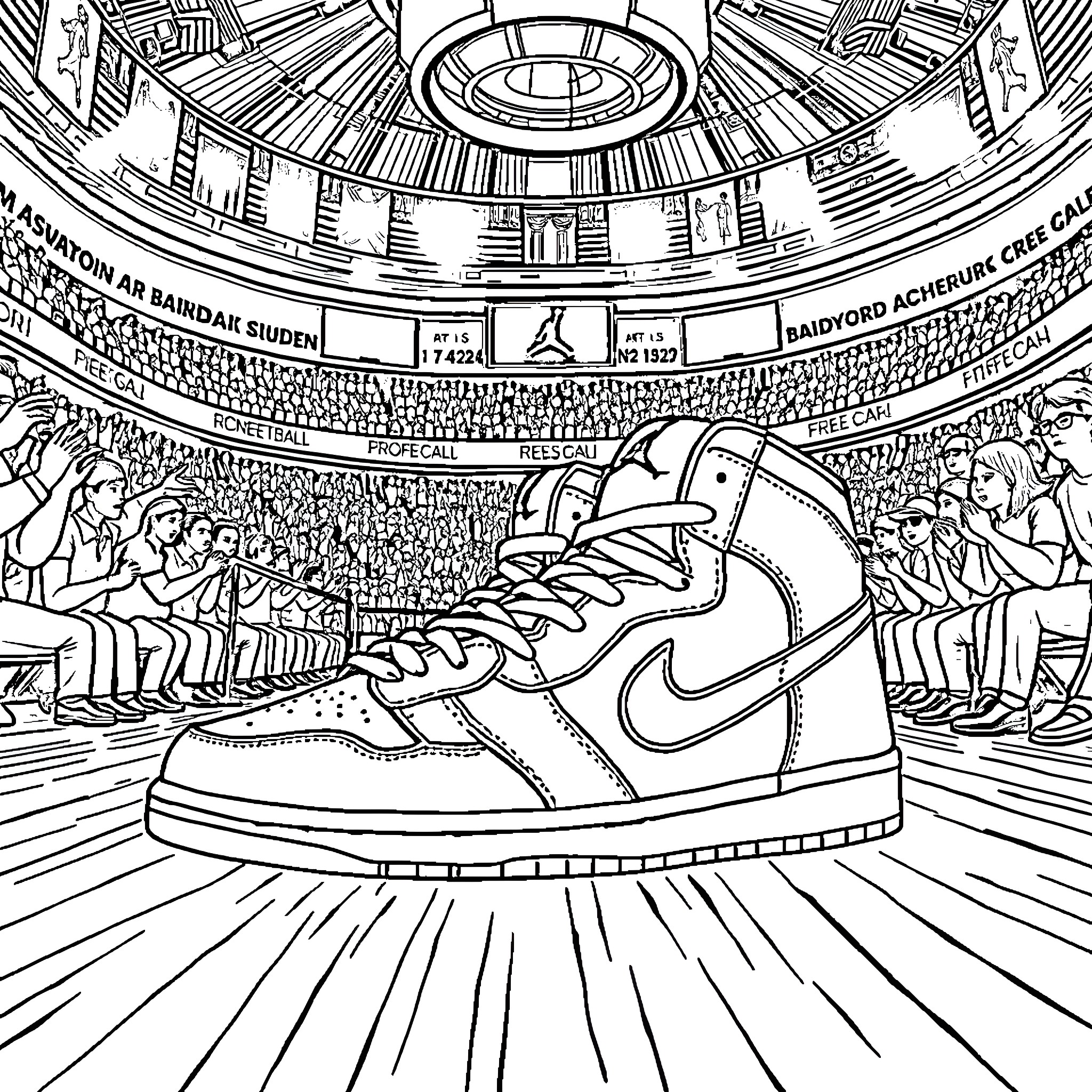 Air Jordan Basketball Shoe in Futuristic Stadium Coloring Page (free black-and-white line drawing printable PDF for all, from beginners to advanced learners, including children, teens, adults, and seniors)