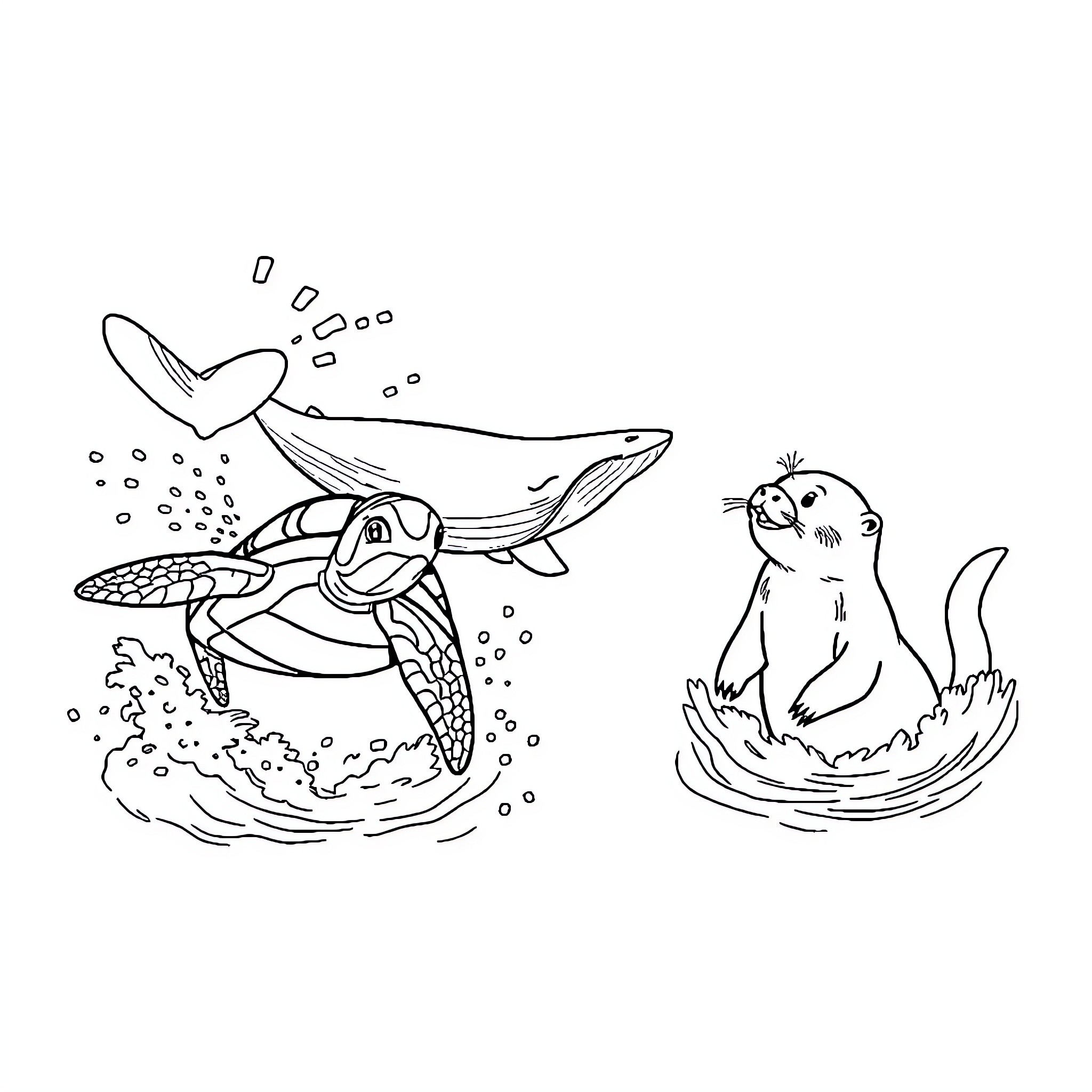 Turtle exploring the underwater world with a sea lion Coloring Page (free black-and-white line drawing printable PDF for all, from beginners to advanced learners, including children, teens, adults, and seniors)