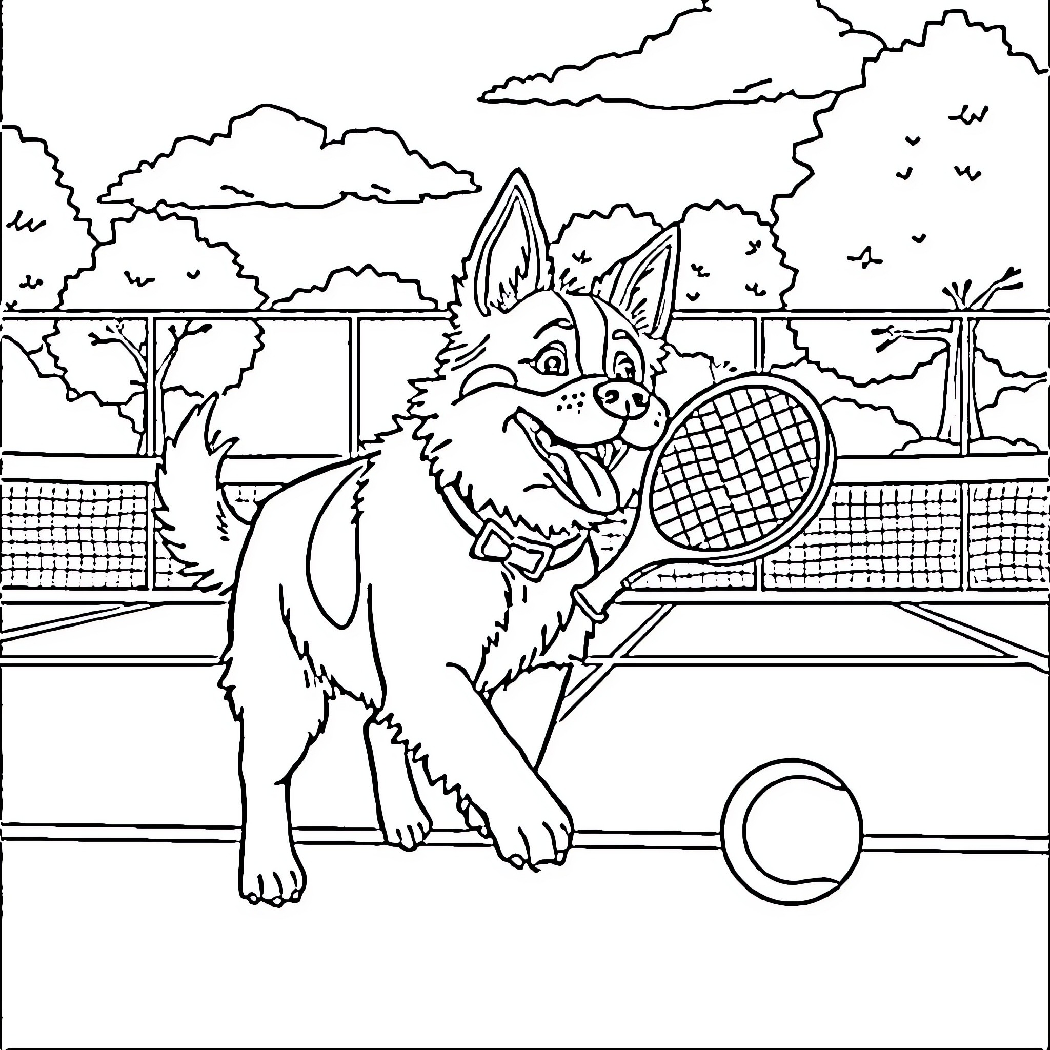 Dog playing tennis on a court Coloring Page (free black-and-white line drawing printable PDF for all, from beginners to advanced learners, including children, teens, adults, and seniors)
