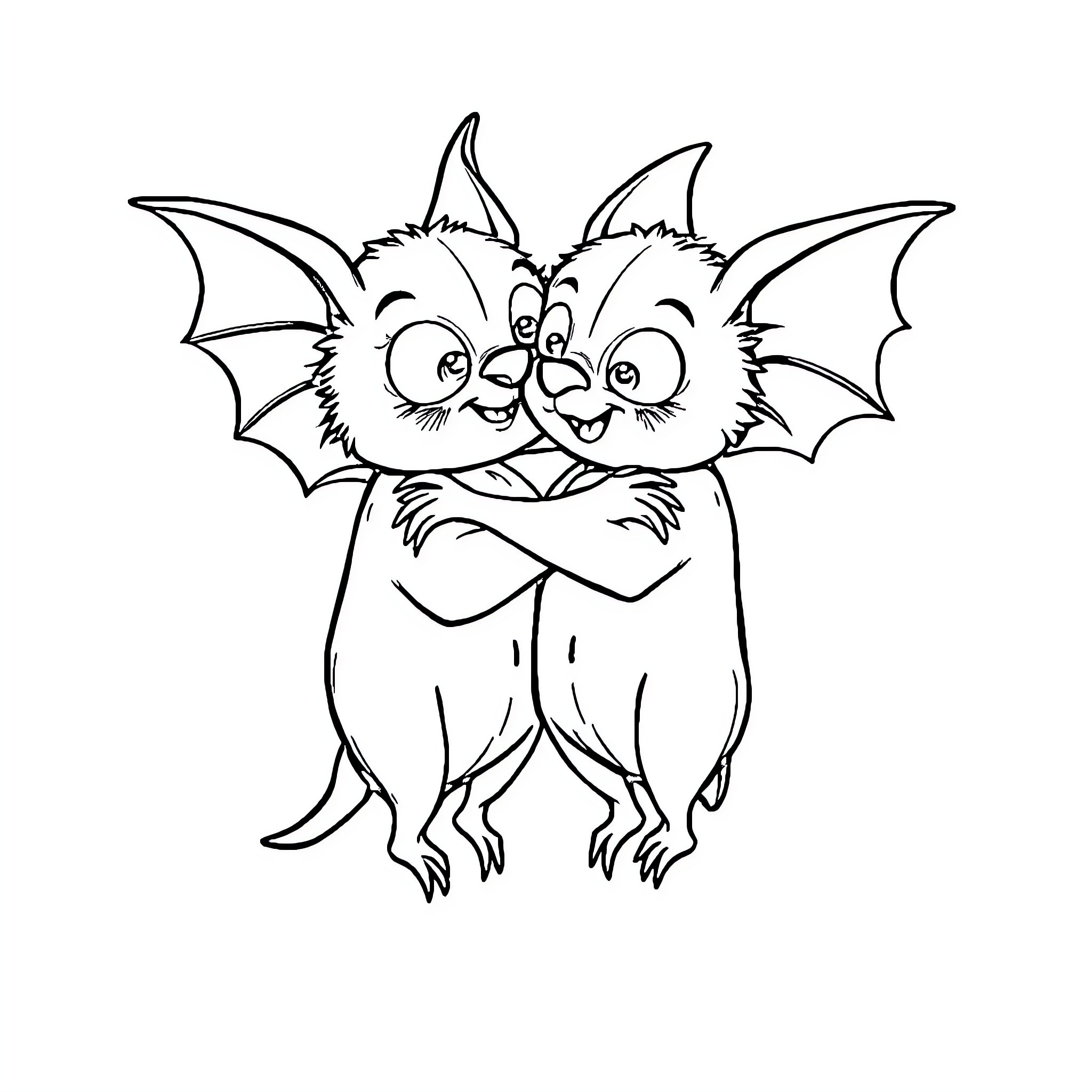 Bat siblings hugging playfully Coloring Page (free black-and-white line drawing printable PDF for all, from beginners to advanced learners, including children, teens, adults, and seniors)