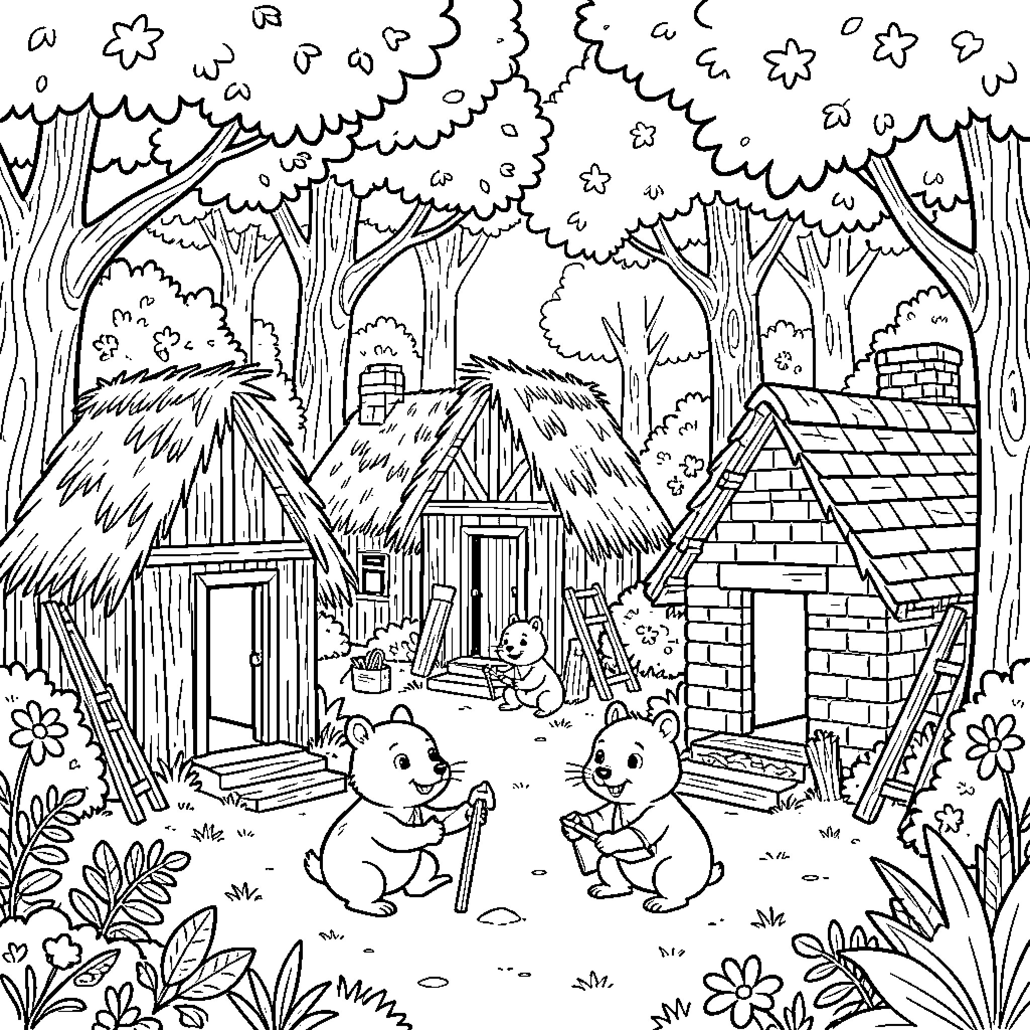 Three Little Pigs Playing in Whimsical Forest Village Coloring Page (free black-and-white line drawing printable PDF for all, from beginners to advanced learners, including children, teens, adults, and seniors)
