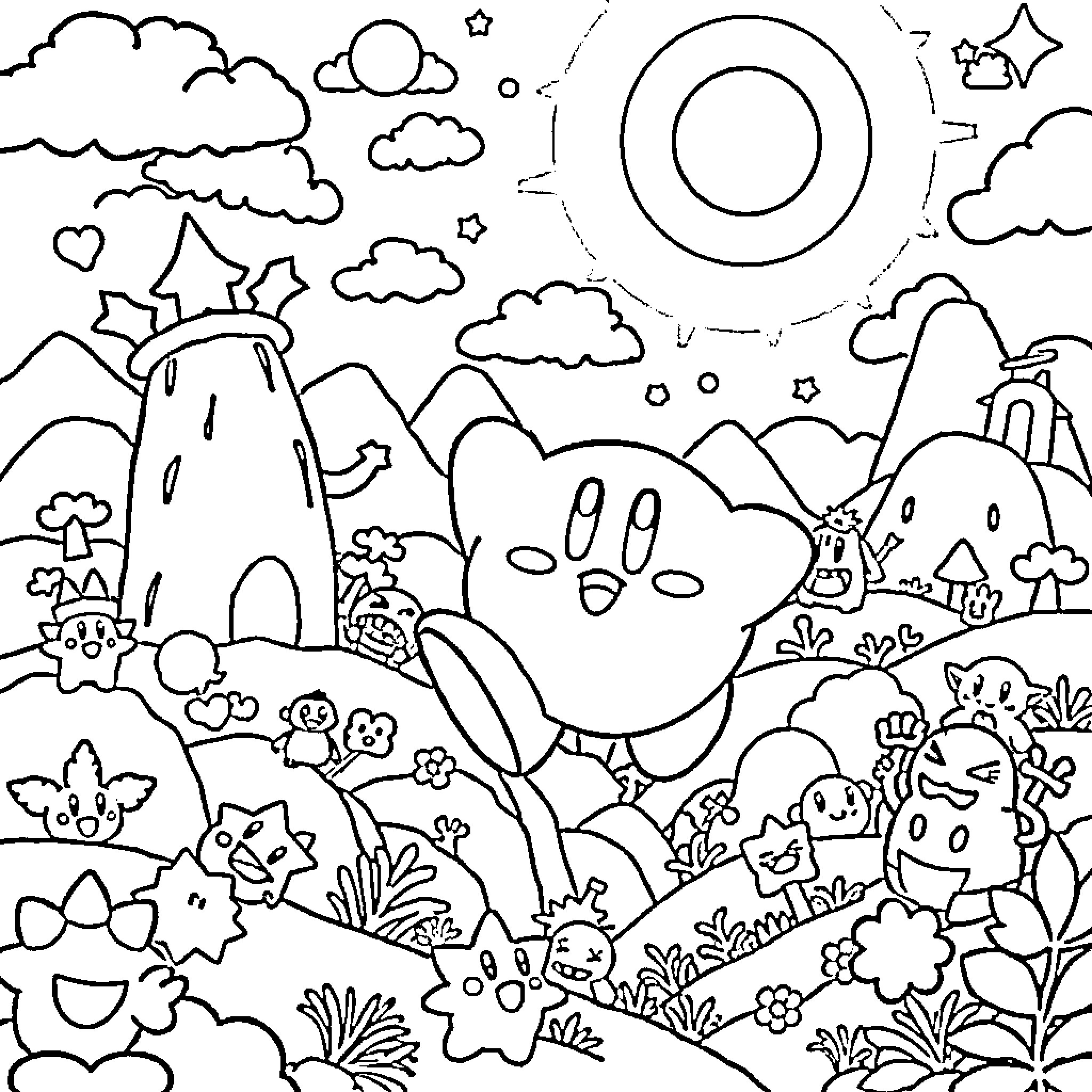 Kirby's whimsical adventure in a vibrant landscape Coloring Page (free black-and-white line drawing printable PDF for all, from beginners to advanced learners, including children, teens, adults, and seniors)