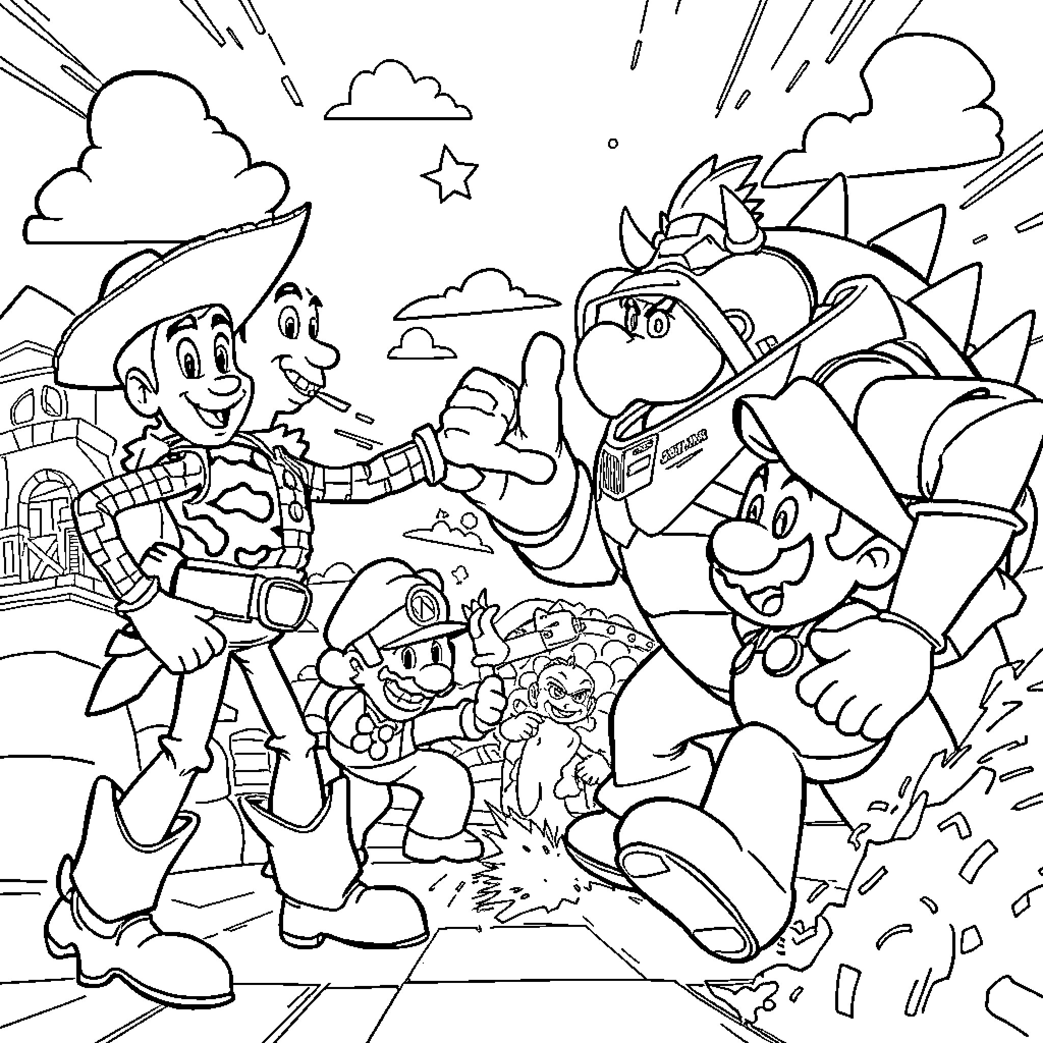Toy Characters in an Adventurous Scene Coloring Page (free black-and-white line drawing printable PDF for all, from beginners to advanced learners, including children, teens, adults, and seniors)