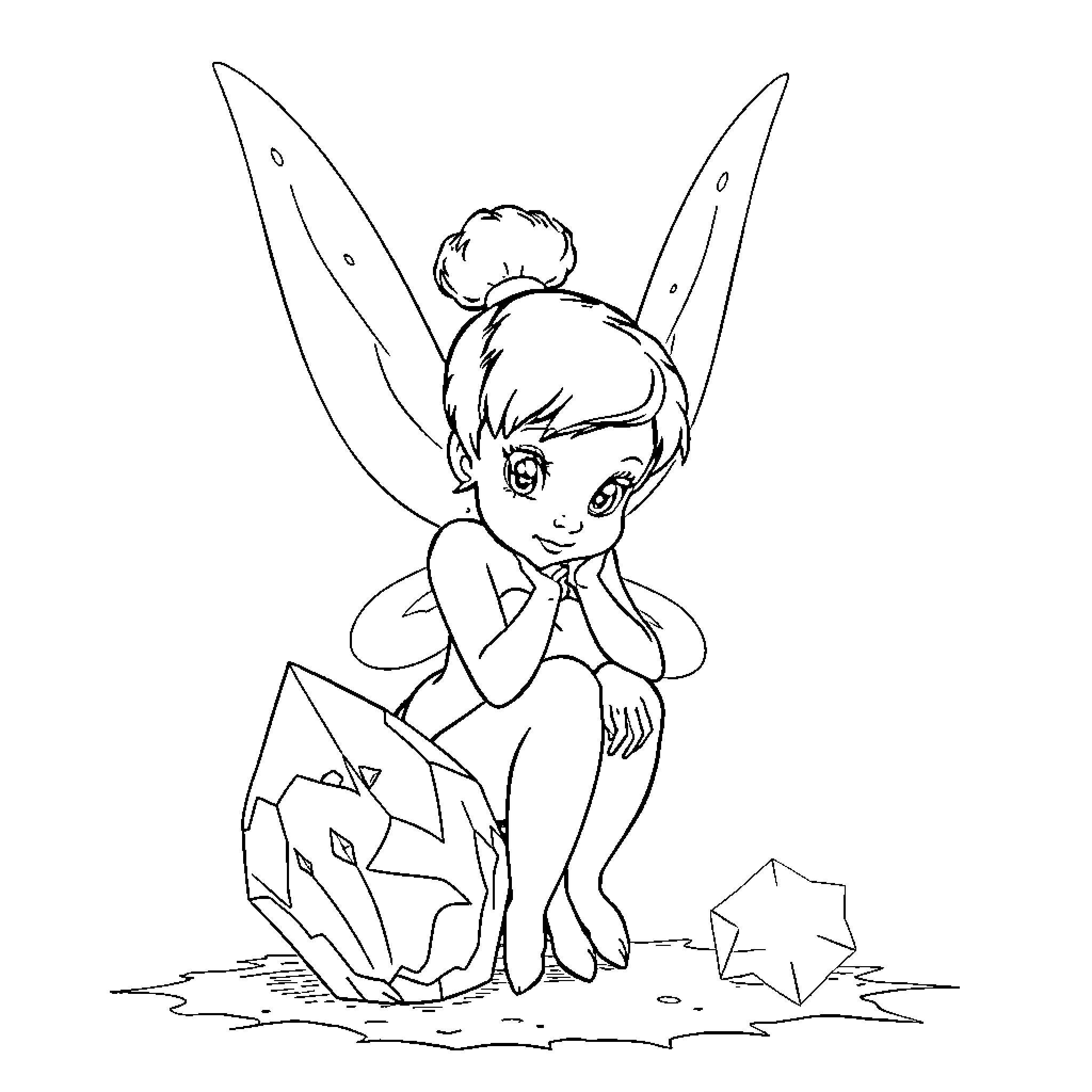 Tinkerbell sitting next to a crystal in the forest Coloring Page (free black-and-white line drawing printable PDF for all, from beginners to advanced learners, including children, teens, adults, and seniors)