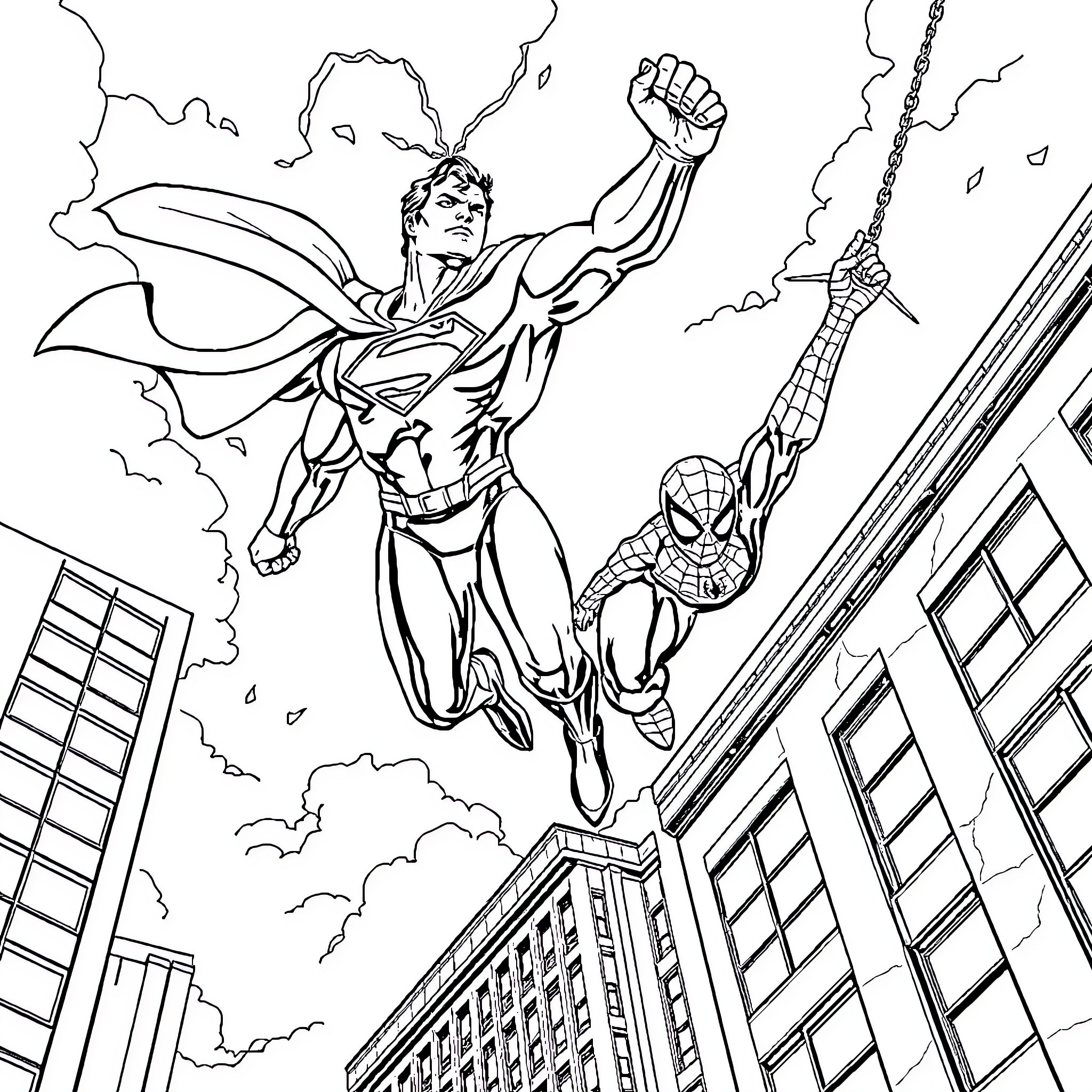Superman and Spider-Man soaring through the skies of the city Coloring Page (free black-and-white line drawing printable PDF for all, from beginners to advanced learners, including children, teens, adults, and seniors)