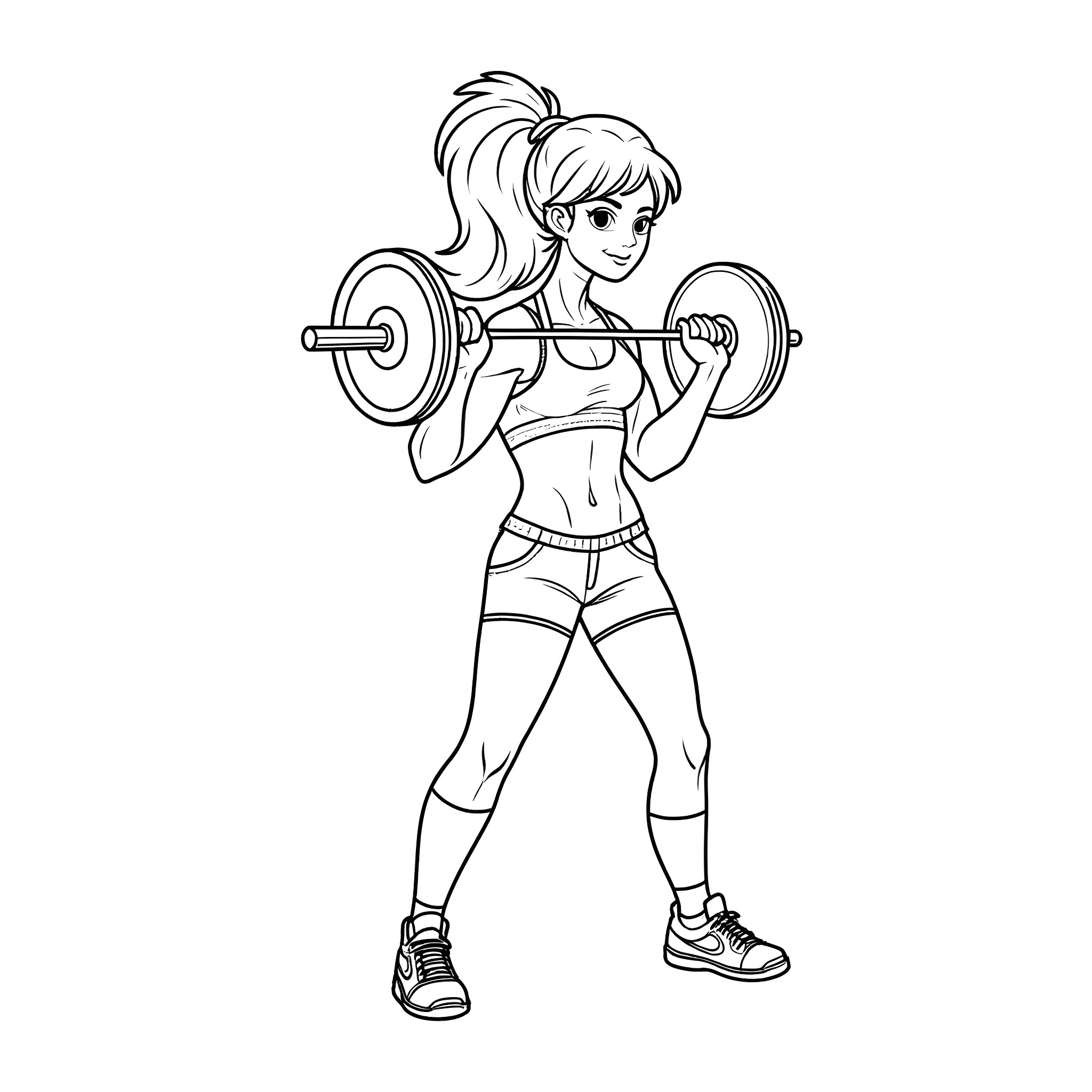 Girl Lifting Weights in Workout Outfit Coloring Page (free black-and-white line drawing printable PDF for all, from beginners to advanced learners, including children, teens, adults, and seniors)