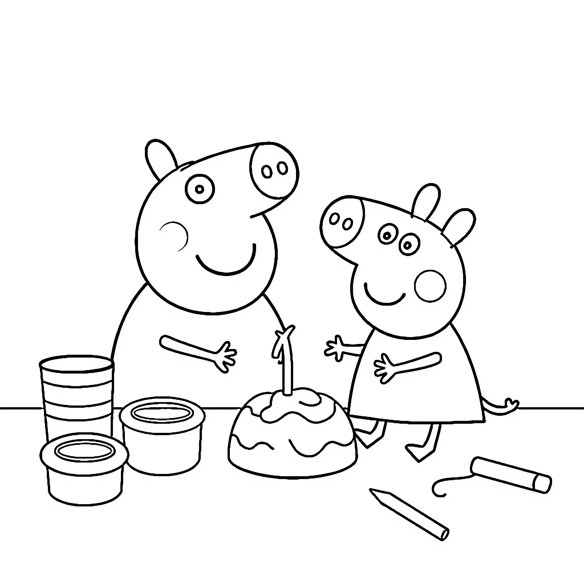 Peppa Pig celebrating with cake and friend Coloring Page (free black-and-white line drawing printable PDF for all, from beginners to advanced learners, including children, teens, adults, and seniors)